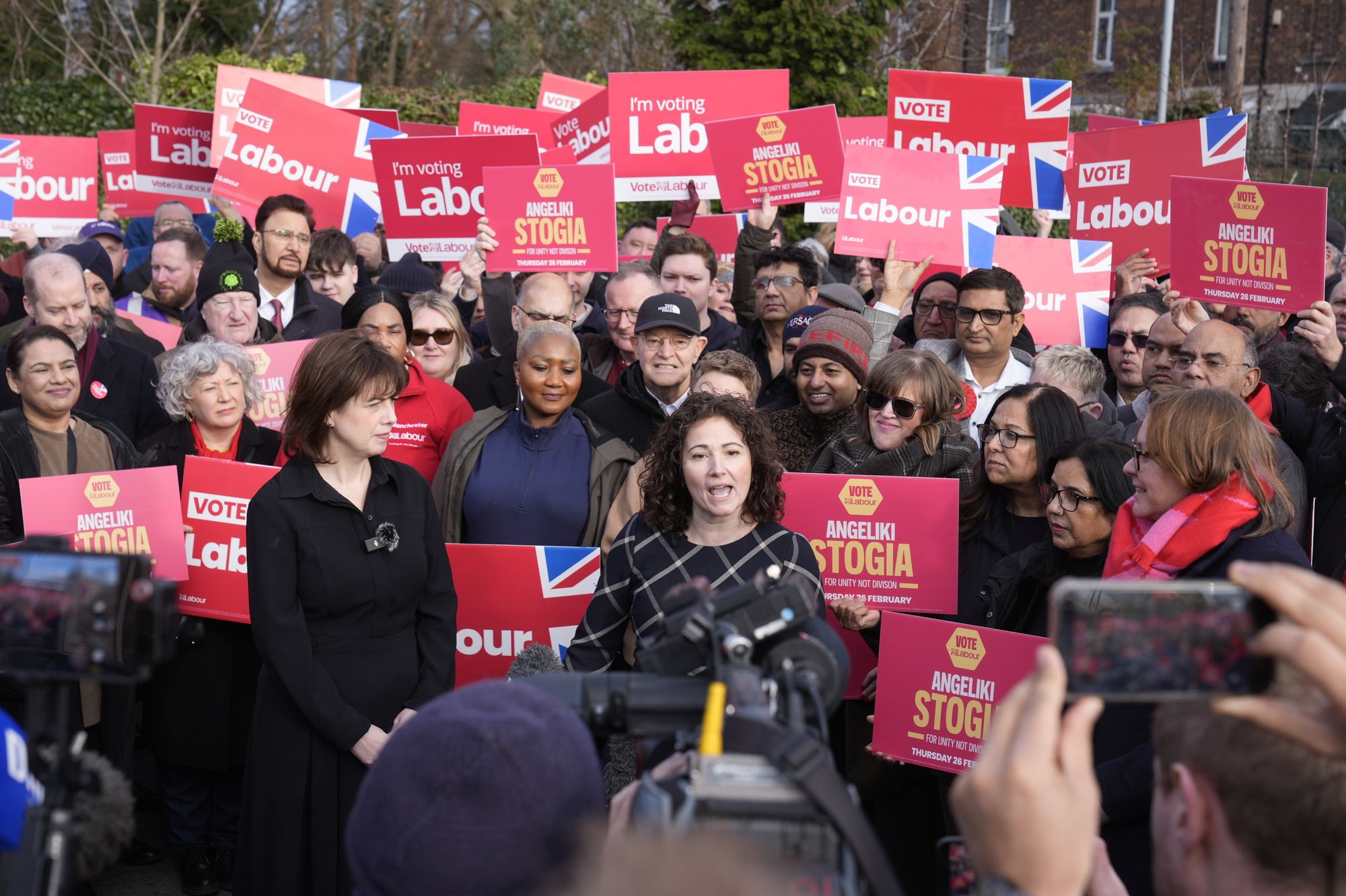 Lucy Powell, deputy leader of the Labour Party (left) and Anna Turley, chair of the Labour Party (right) with Angeliki Stogia (centre)