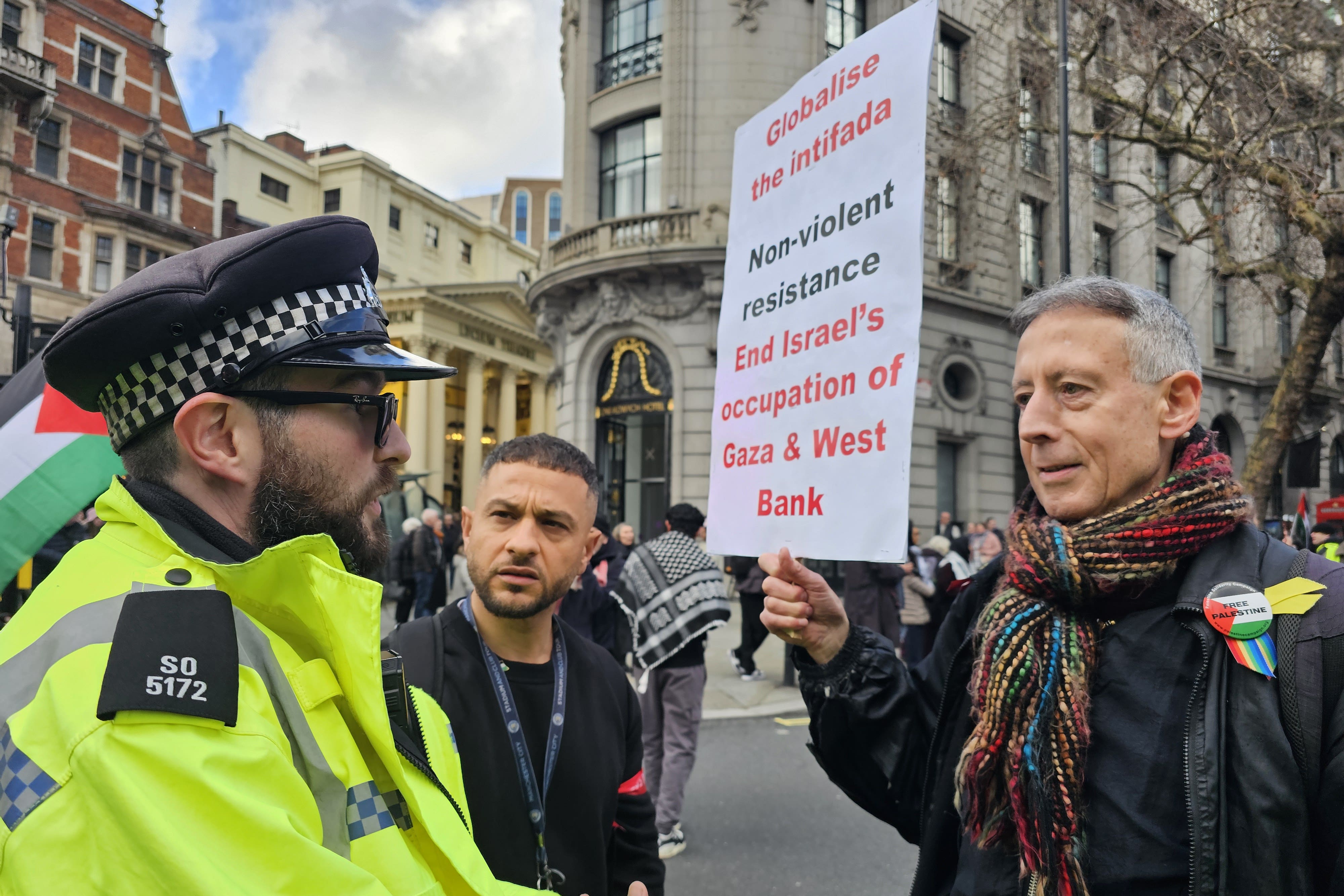 Peter Tatchell, whose foundation said he had been arrested at a pro-Palestine march in central London for having a placard that read ‘globalise the intifada’ (Jacky Summerfield/PA)