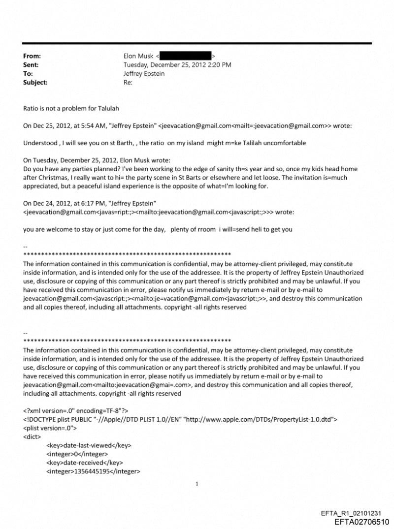 Musk asked Epstein on Christmas Day 2012 whether he had any parties planned because he wanted to ‘let loose’ during a break from work, according to messages released by the Justice Department