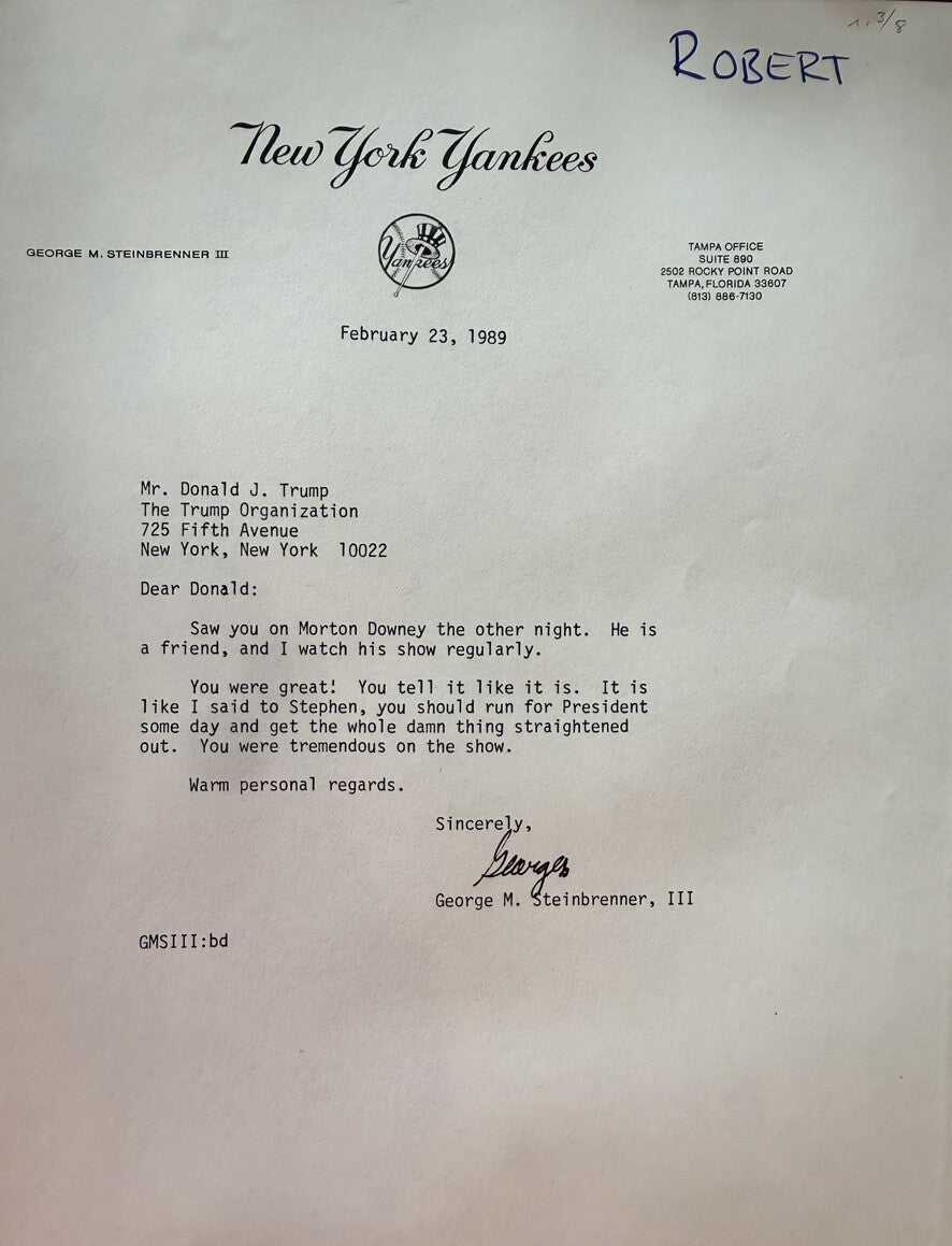 A 1989 letter from New York Yankees owner George Steinbrenner III addressed to Donald Trump