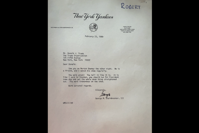 <p>A 1989 letter from New York Yankees owner George Steinbrenner III addressed to Donald Trump</p>