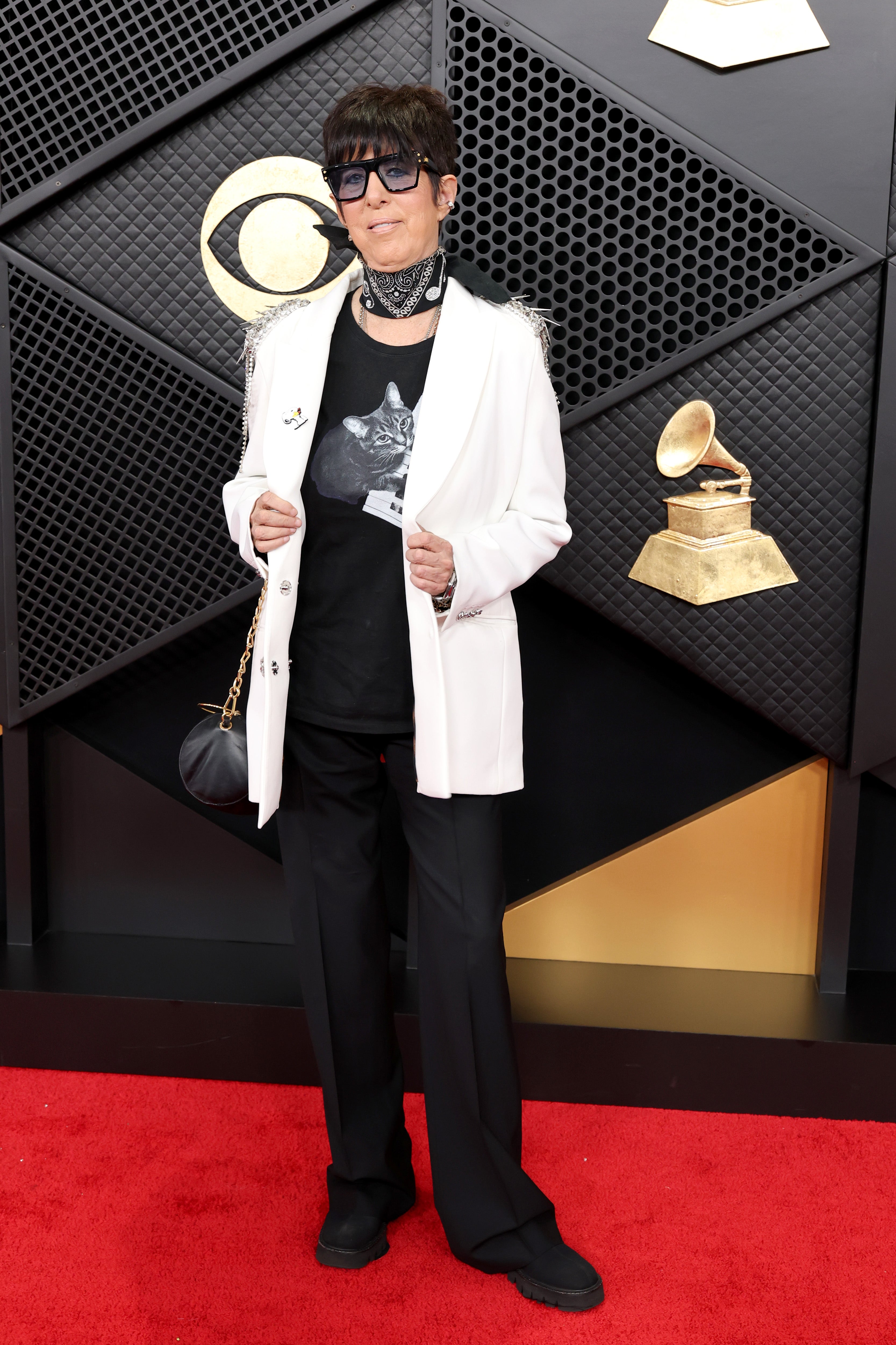 Warren went with a black and white themed outfit for the award show, complete with a cat T-shirt that seemed better suited for a more casual occasion