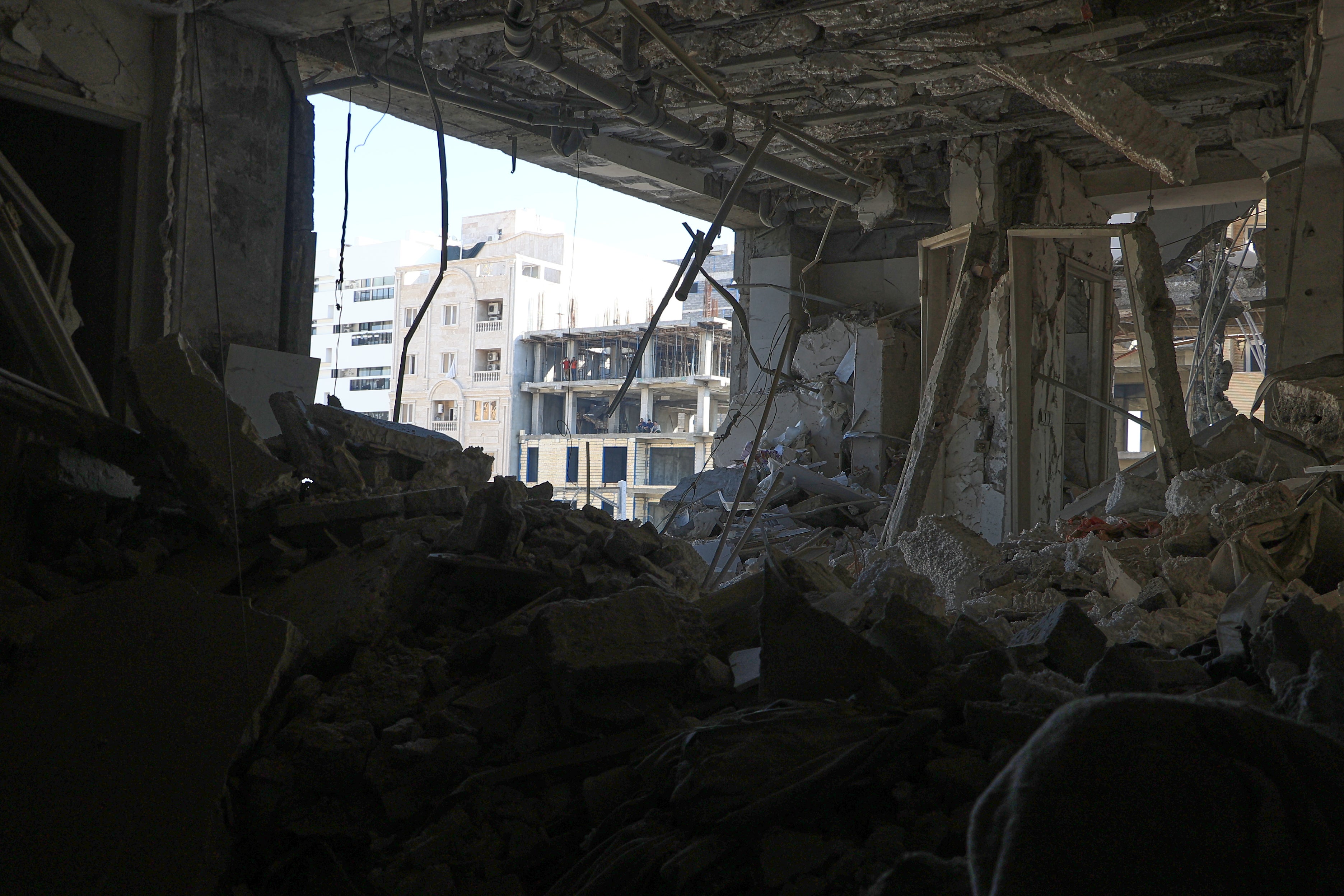 An apartment building is seen after an explosion in the southern port city of Bandar Abbas, Iran