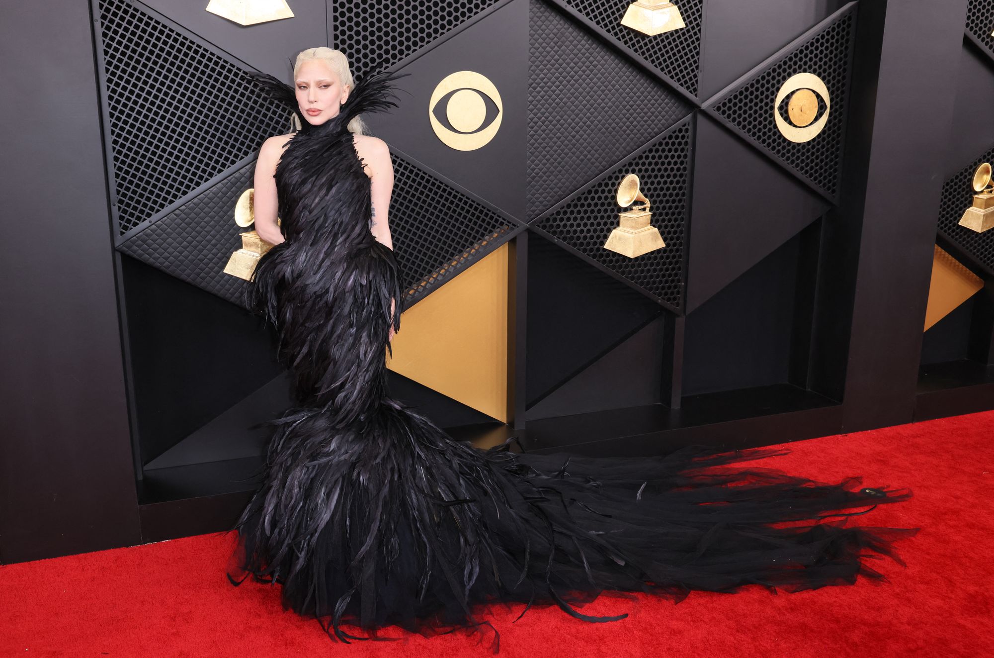 In her usual red carpet fashion, Lady Gaga wore an outrageous outfit that didn’t fail to turn heads. She opted for a black feather gown with a floor-length train