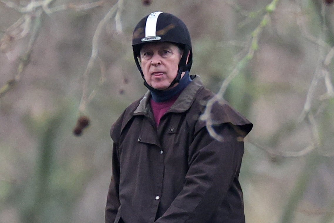 Andrew Mountbatten-Windsor rides a horse in Windsor Great Park, near to Royal Lodge, a property on the estate surrounding Windsor Castle