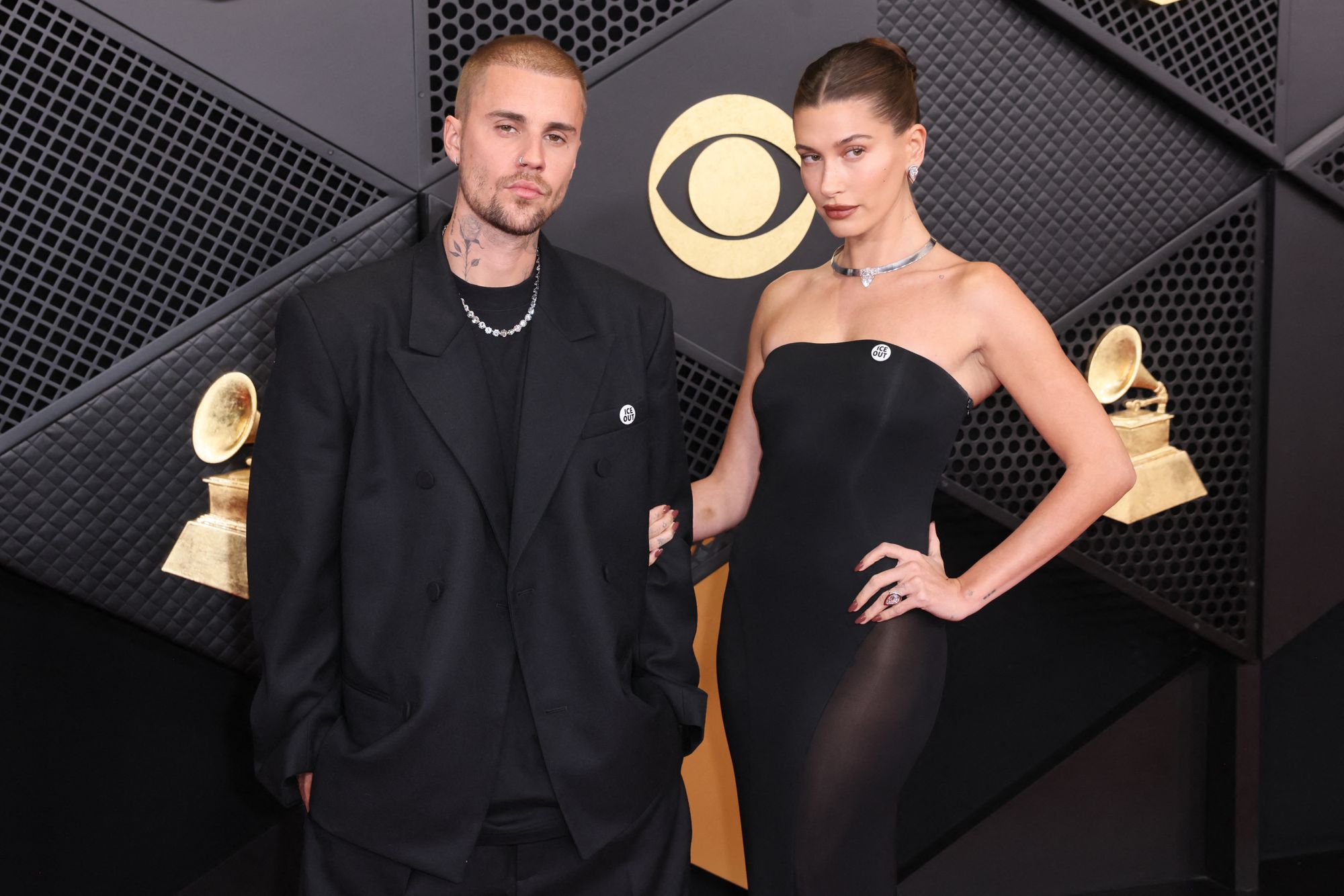On the red carpet, Bieber wore a custom-made Balenciaga look and ‘ICE OUT’ pin alongside his wife Hailey