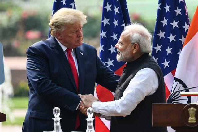 <p>US president Donald Trump with Indian prime minister Narendra Modi during a press conference in Delhi on 25 February 2020</p>
