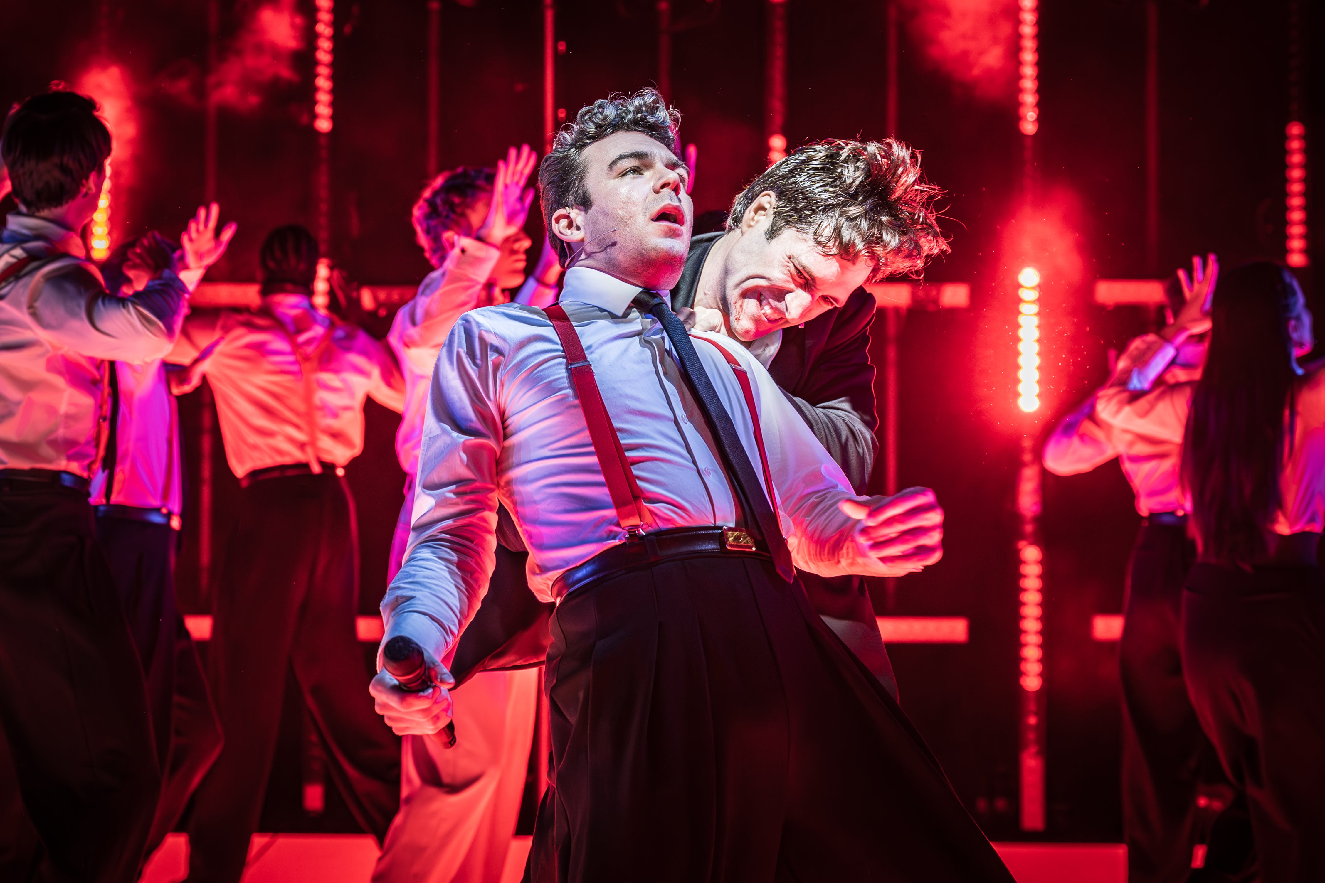 <p>Jack Butterworth and Arty Froushan in 'American Psycho'</p>