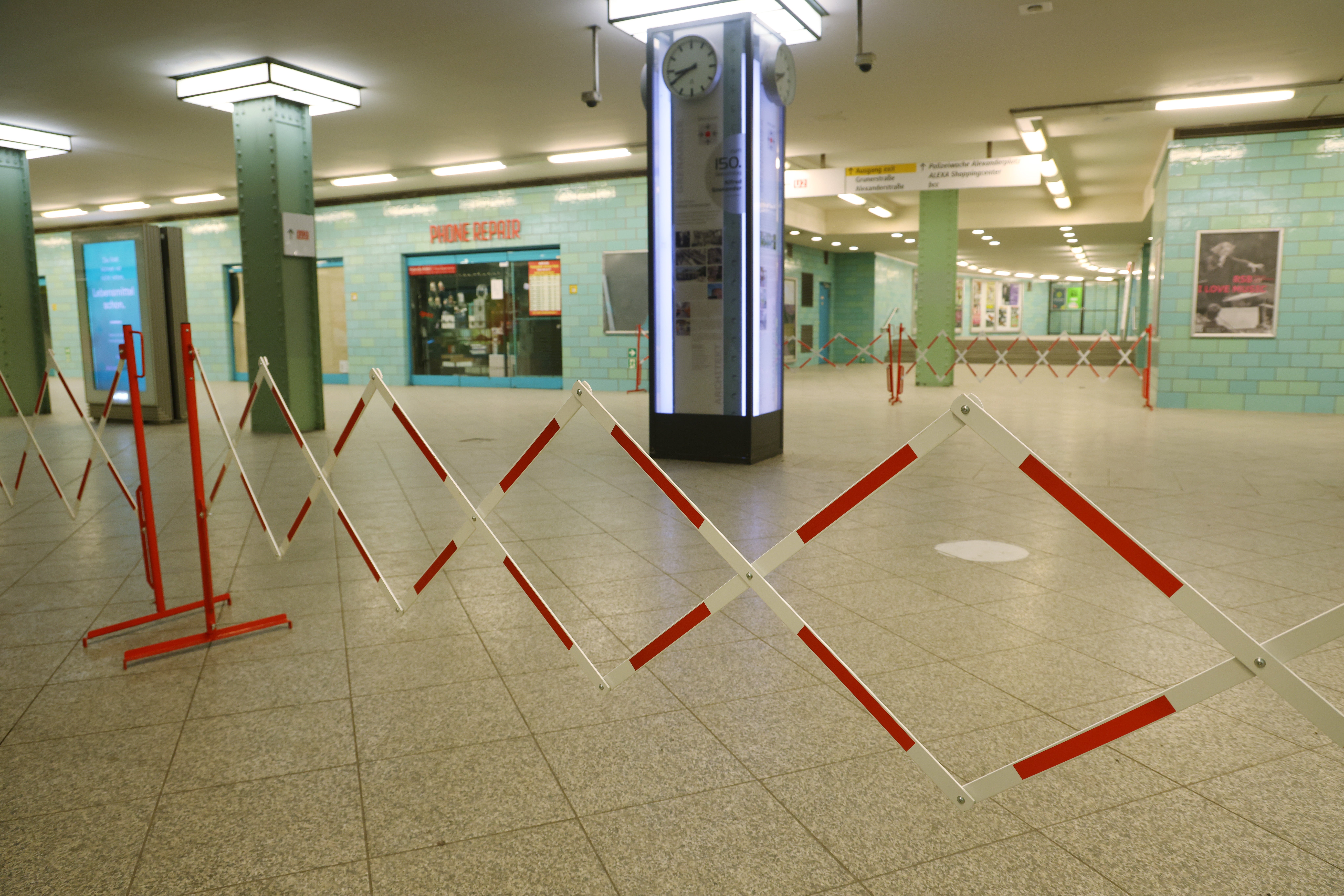 A metro station at Alexanderplatz stands closed during a 24-hour nationwide public transport strike