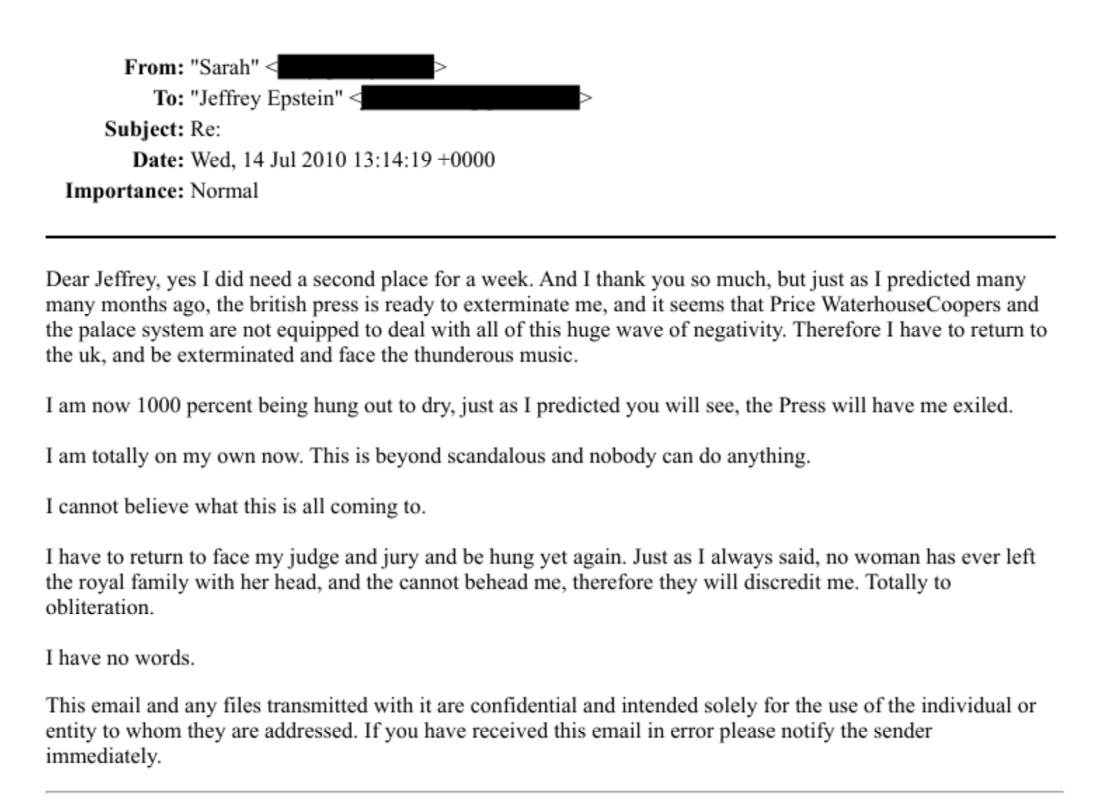 An email from the latest release that appears to be from Edward’s former sister-in-law Sarah Ferguson to Epstein