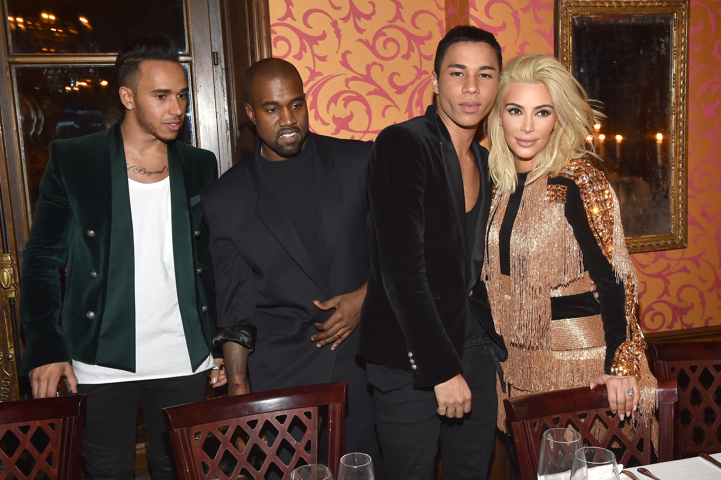 Hamilton, Kanye West, Olivier Rousteing and Kardashian at Paris Fashion Week in 2015