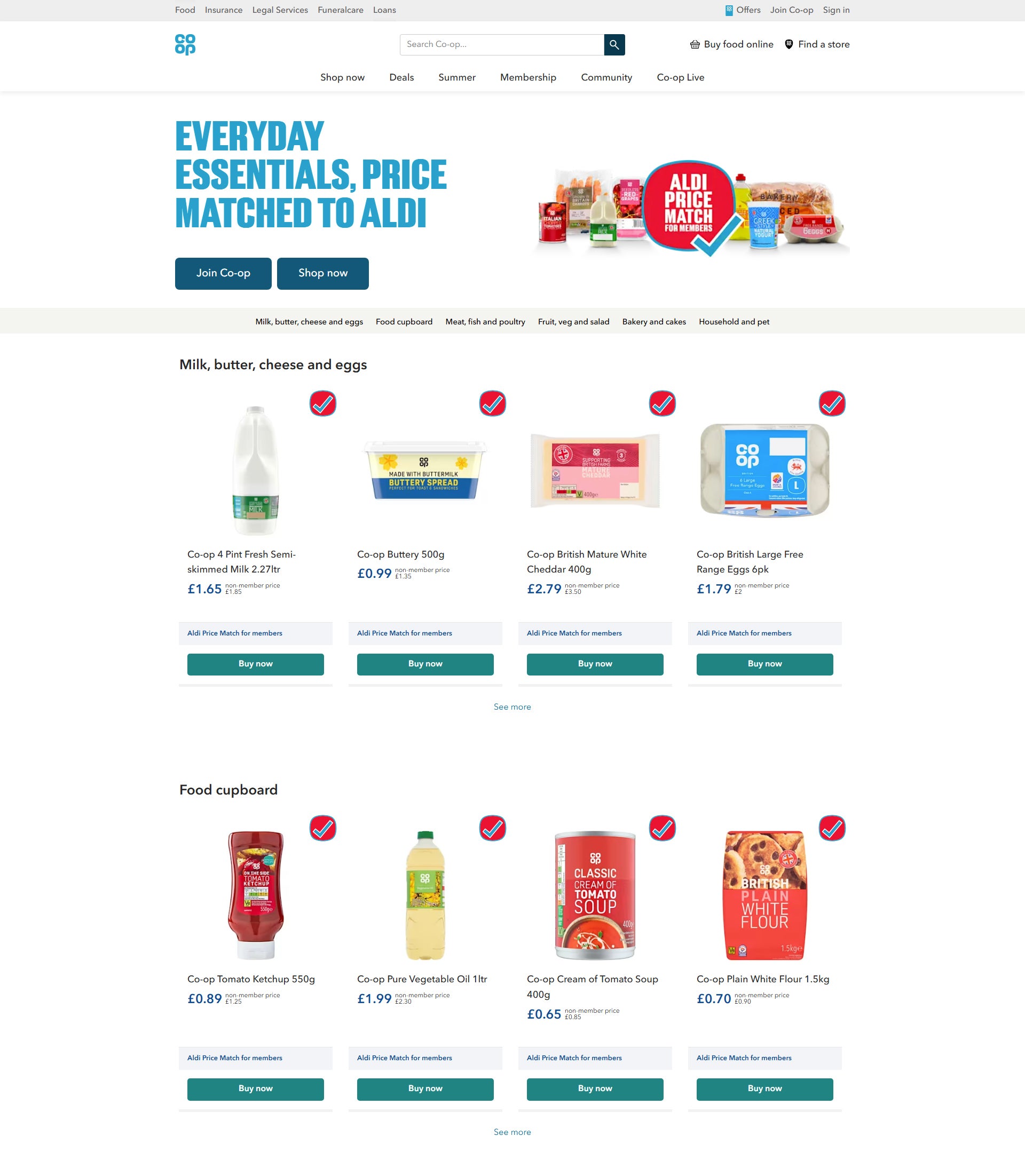 An ad on the Co-op website advertising the grocer's price-match scheme with Aldi which has been ruled misleading for failing to compare similar products