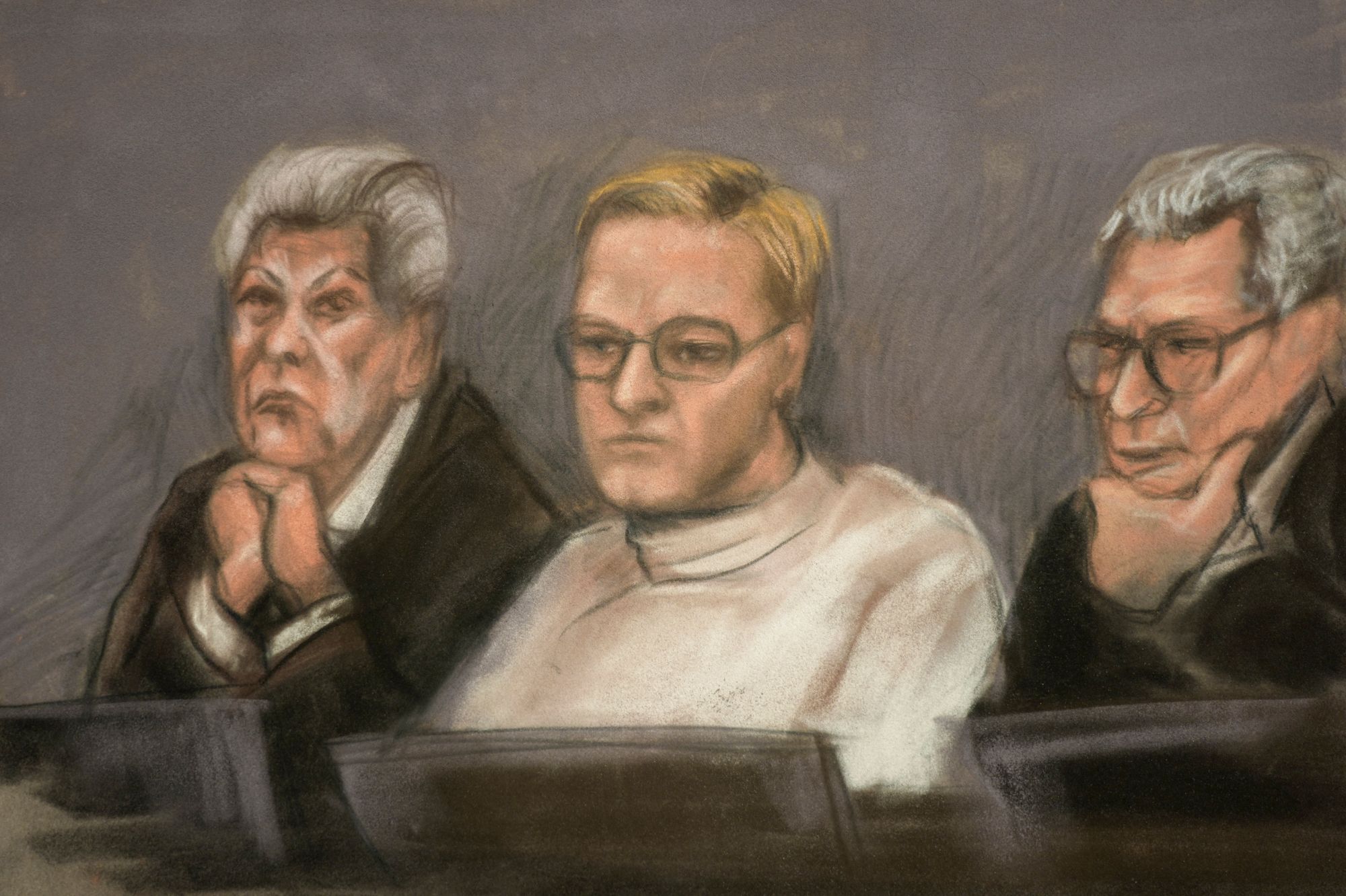 <p>A courtroom sketch shows Marius Borg Hoiby during the first day of the trial against him, which takes place at the Oslo District Court in Oslo, Norway</p>