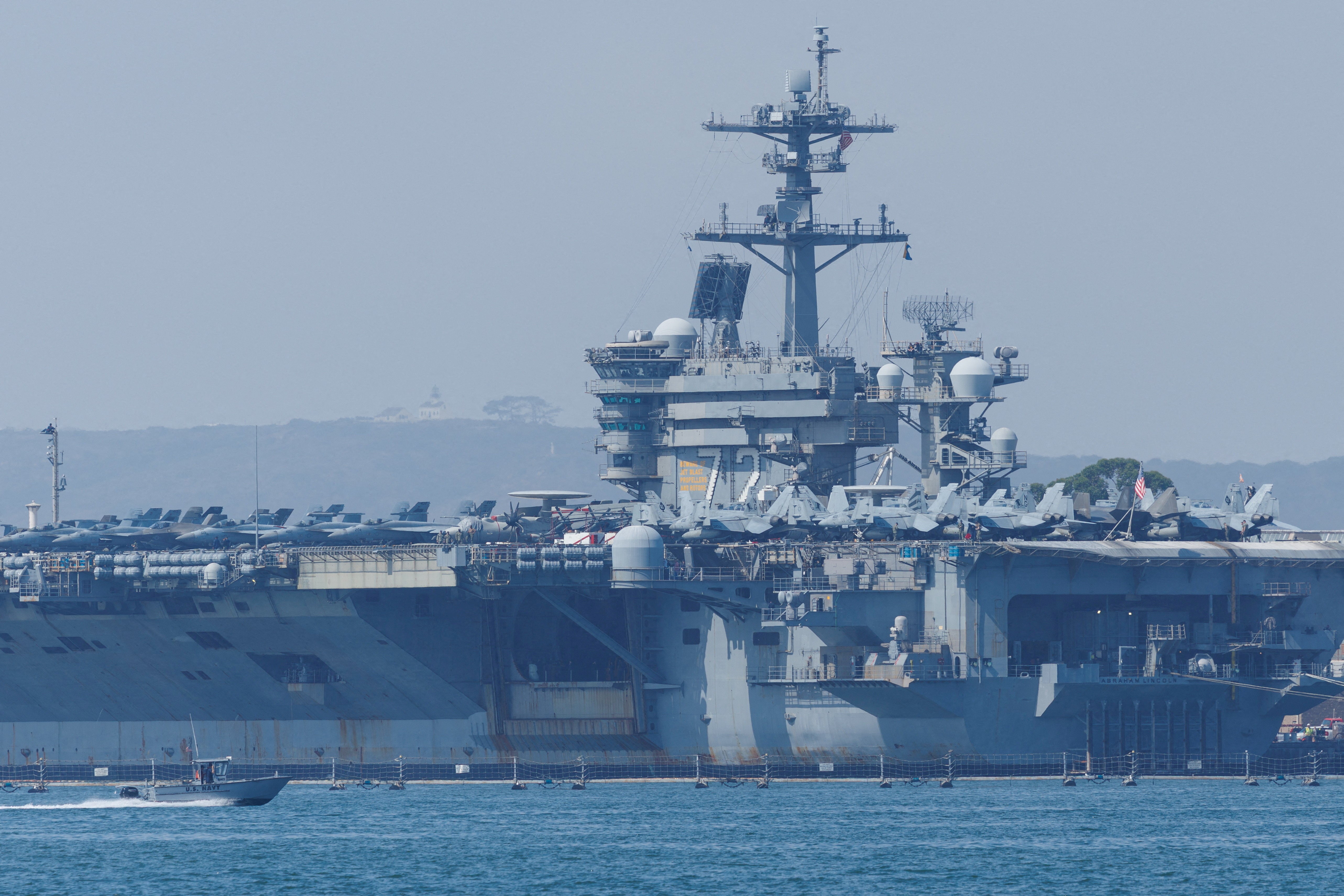 The USS Abraham Lincoln (CVN-72), a Nimitz-class nuclear-powered aircraft carrier, is shown at Naval Air Station North Island in San Diego, California, U.S. August 11, 2025