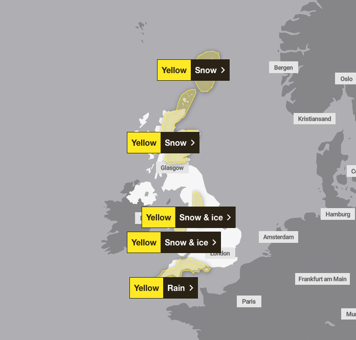 The Met Office has issued five yellow weather warnings across Scotland, Wales and England