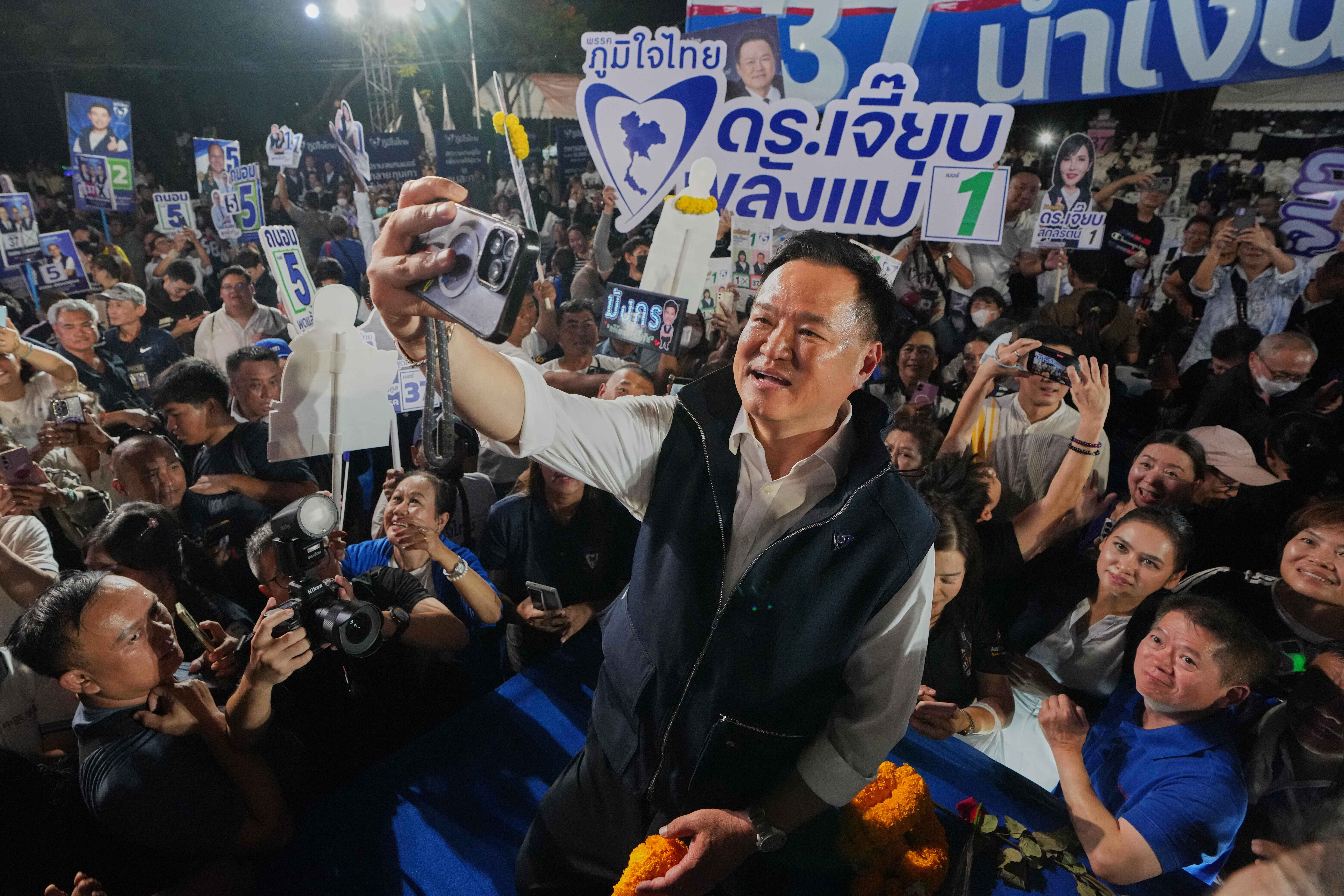 Thailand's prime minister and leader of the Bhumjaithai Party Anutin Charnvirakul attends an election campaign rally in Bangkok