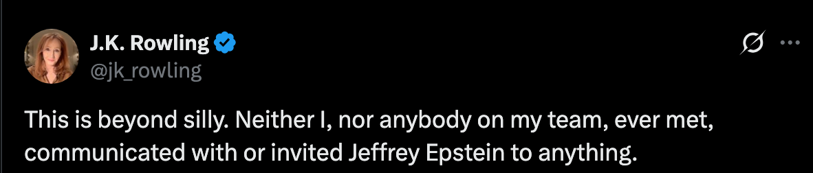 JK Rowling denies inviting Epstein 'to anything'