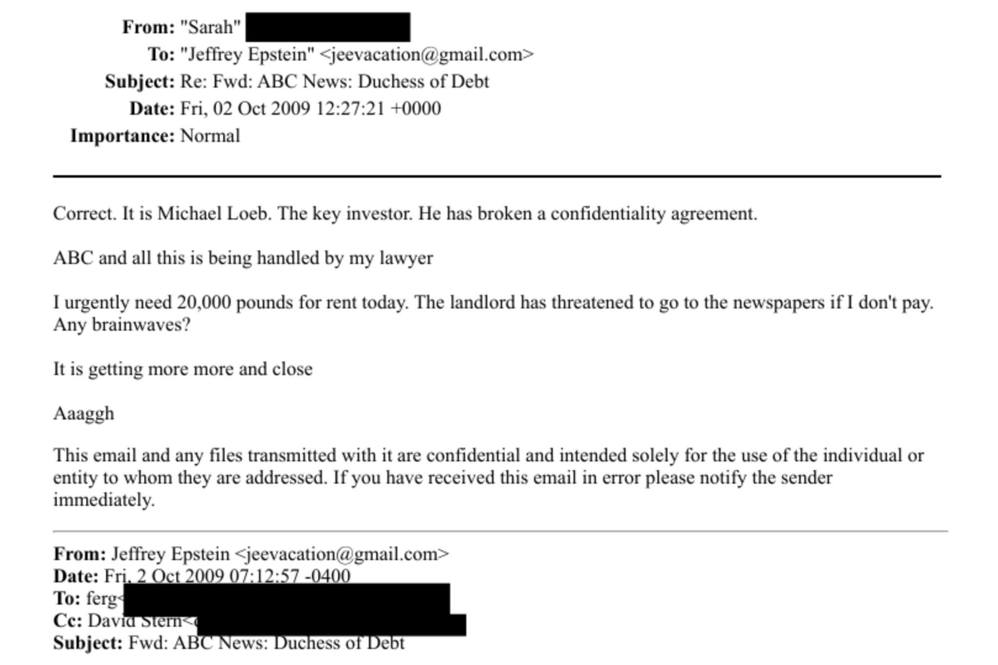 Sarah Ferguson begged Epstein to bail her out financially, such as a £20,000 loan for her rent in 2009