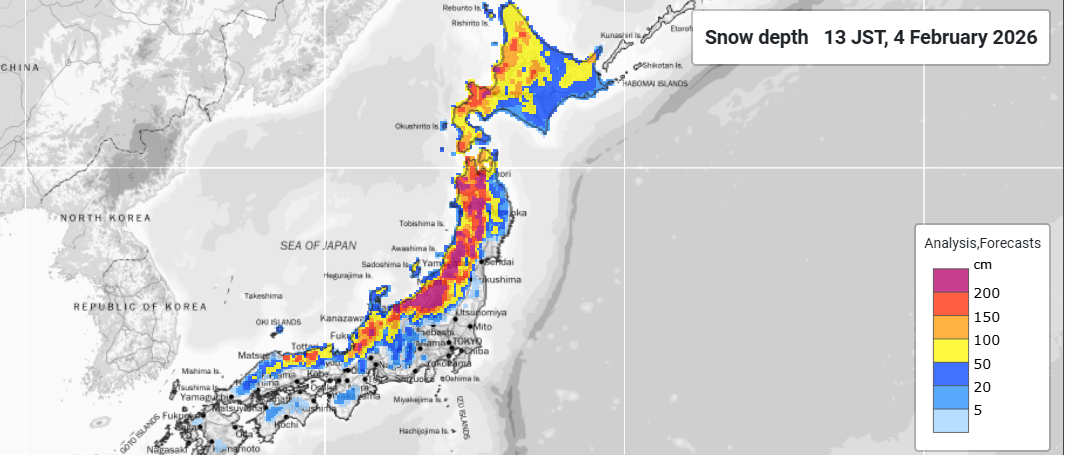 Map shows snow depth forecast of 200cm and above in some areas of Japan