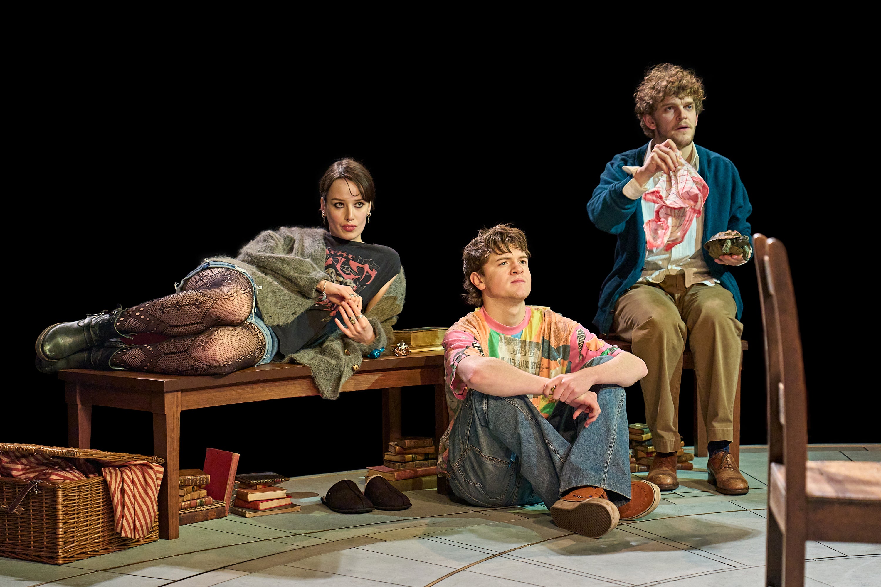 <p>Holly Godliman (Chloë Coverly), William Lawlor (Gus Coverley) and Angus Cooper (Valentine Coverly) in 'Arcadia'</p>