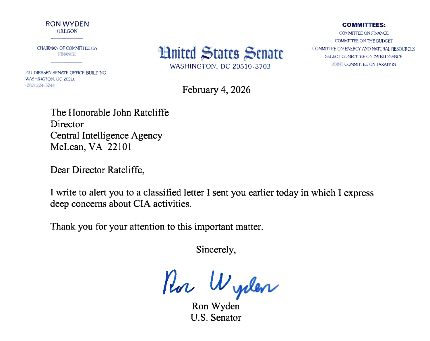 The brief letter was sent to Ratcliffe on Wednesday