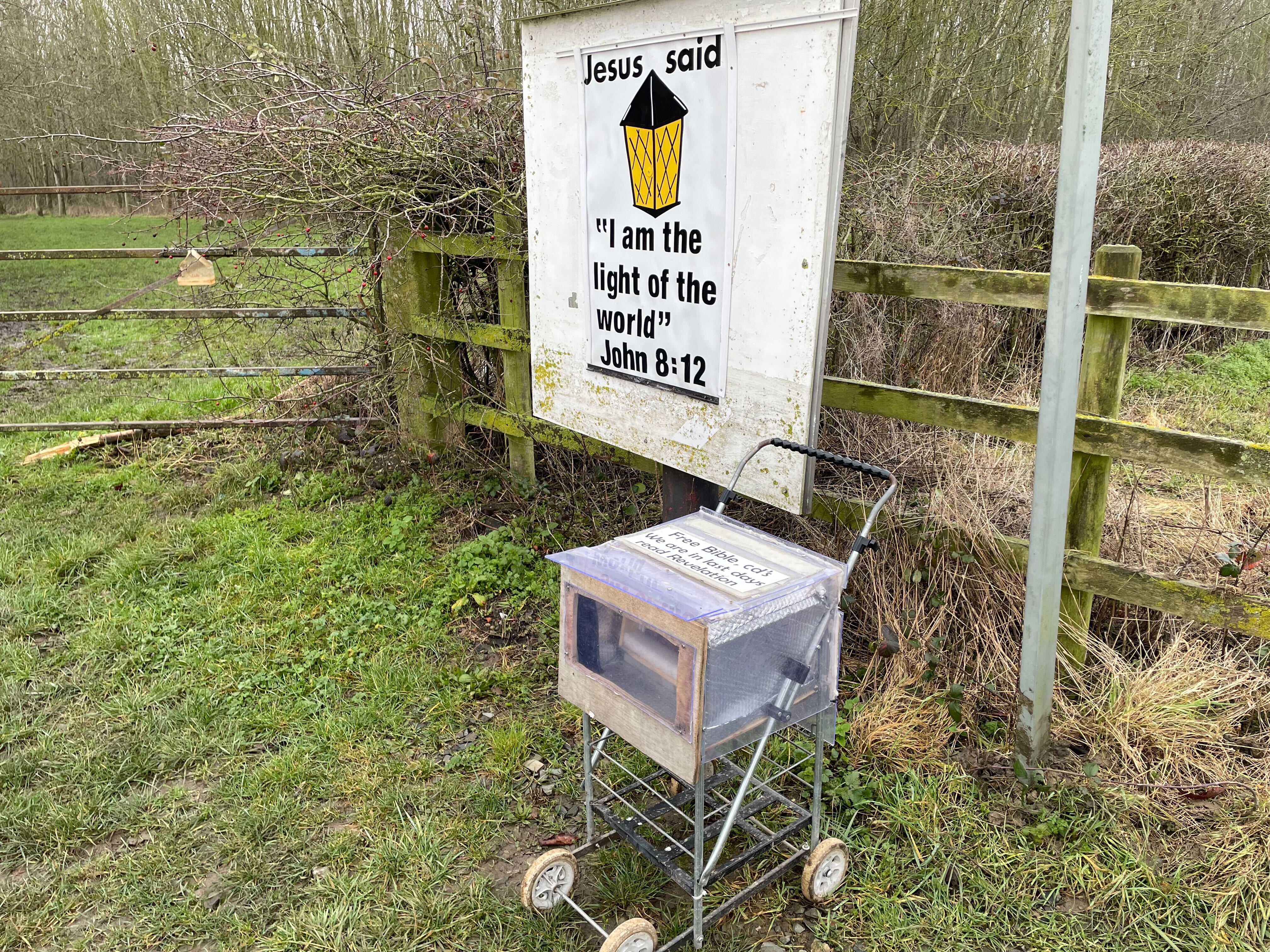 The bibles on offer at the car park outside Stathern Lodge, owned by a Christian charity separate to Ruben