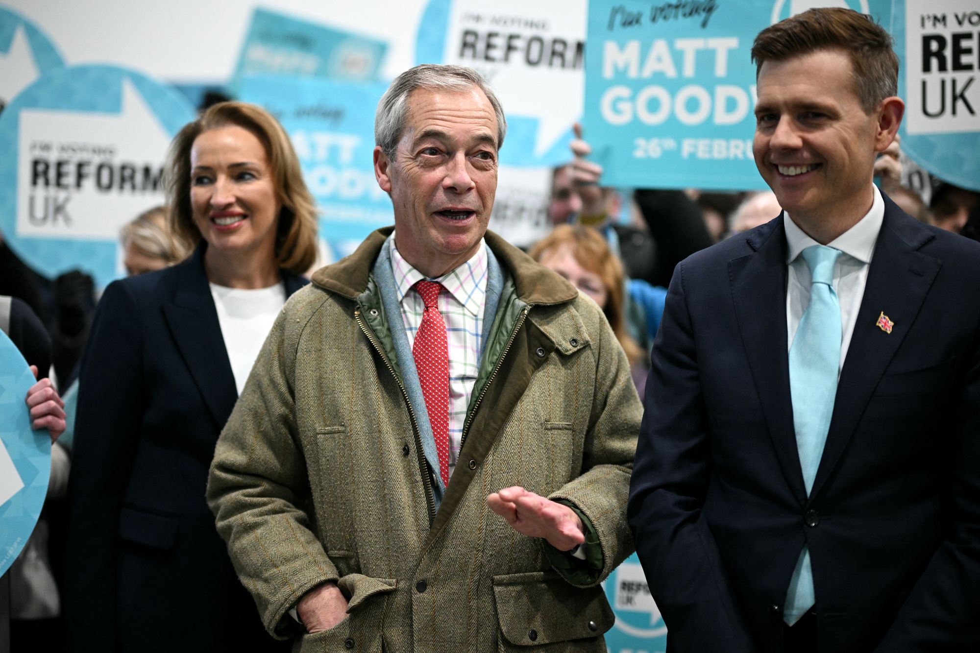 Nigel Farage with Gorton and Denton by-election candidate Matt Goodwin