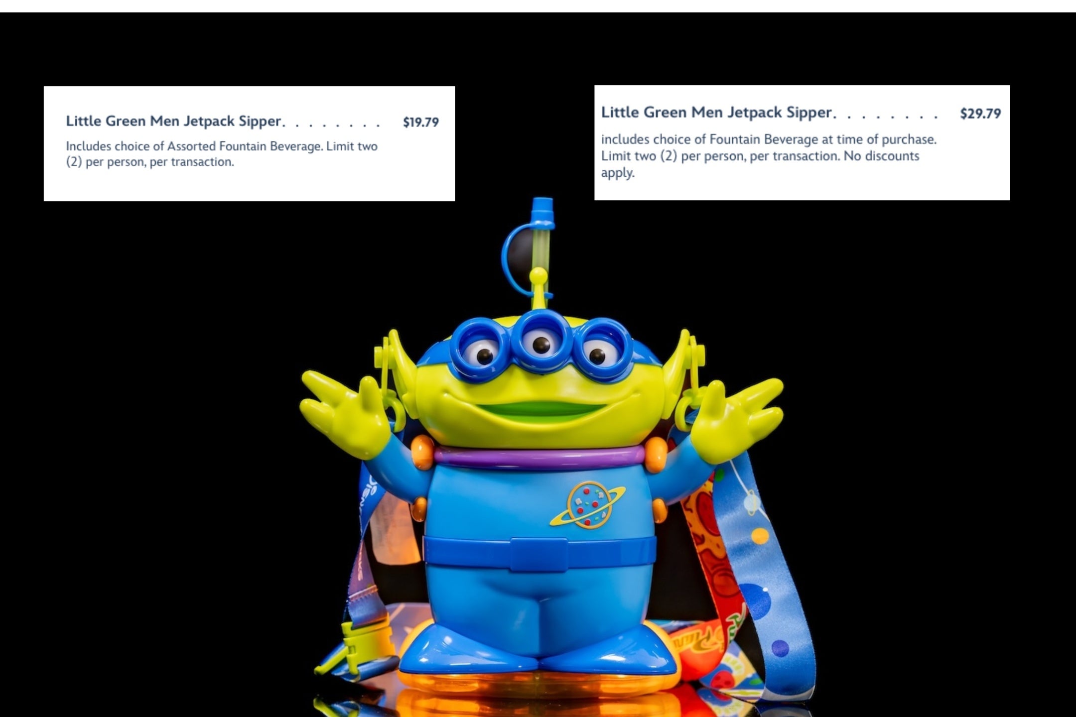 The Little Green Men Jetpack Sipper costs $19.79 at Walt Disney World in Florida, and $29.79 at Disneyland in California