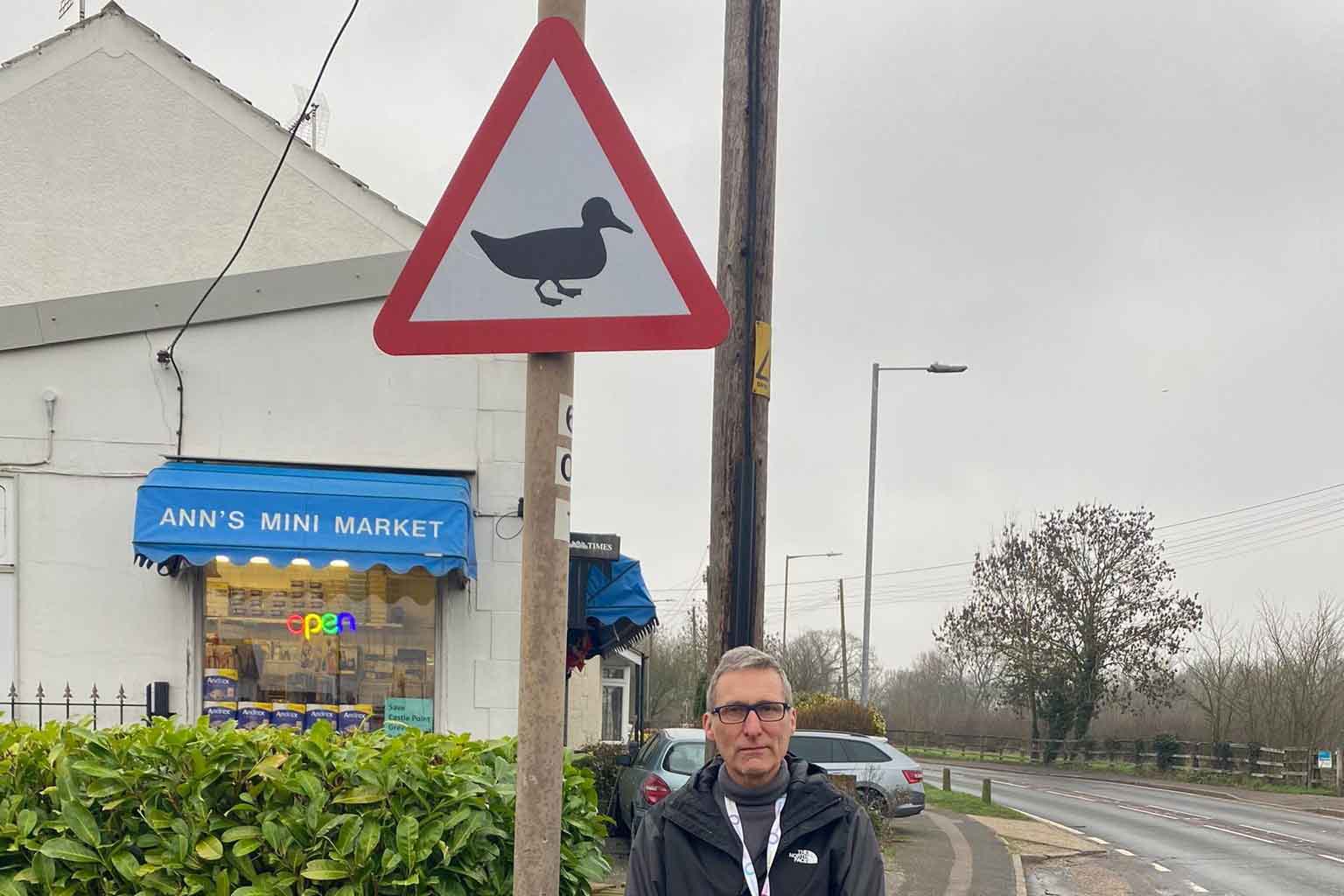 The duck sign was erected on a lamp post in Essex