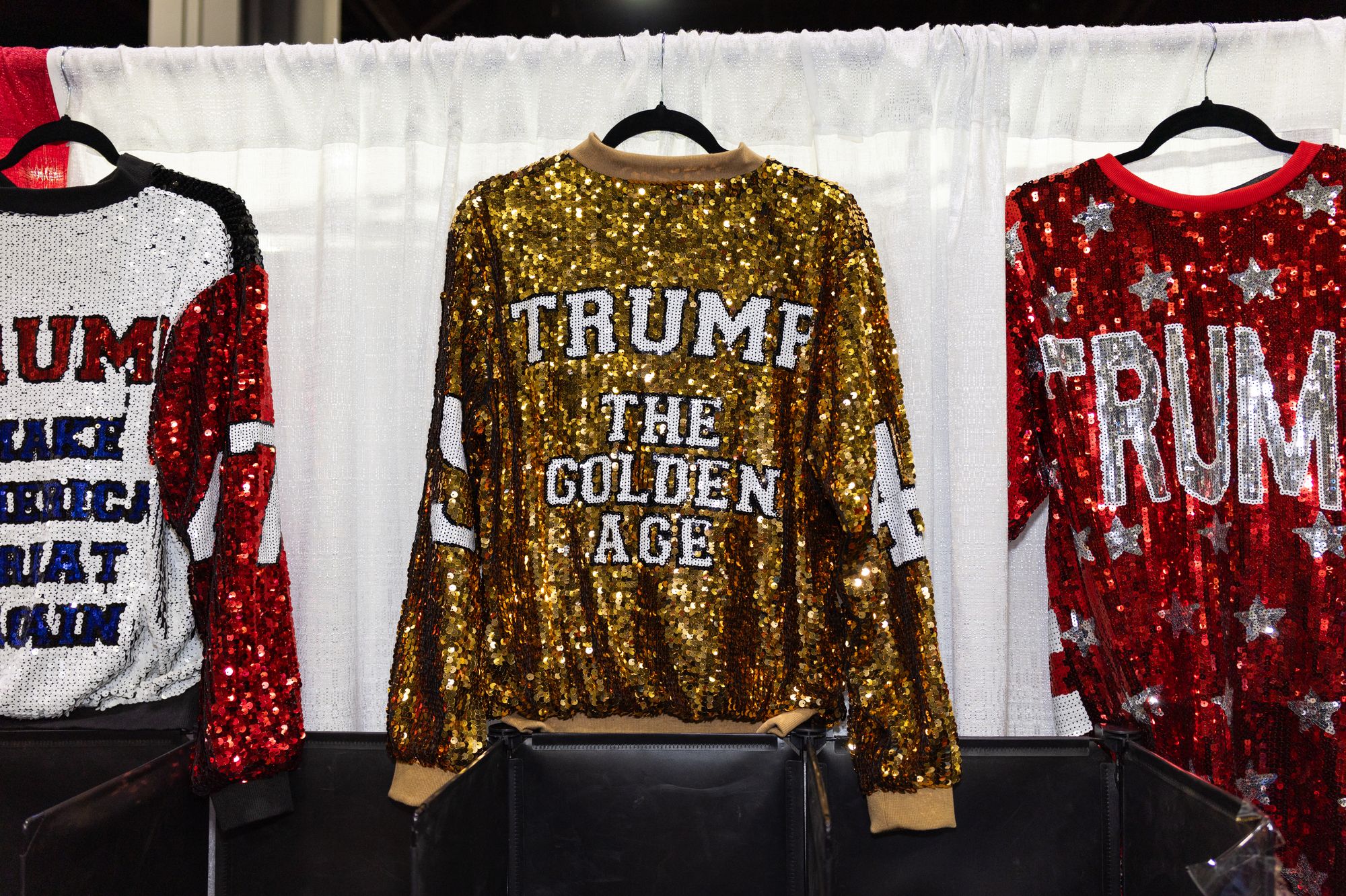 <p>Trump-themed jackets are displayed during the 2025 NRA Annual Meetings & Exhibits at the Georgia World Congress Center in Atlanta, Georgia, April 26, 2025</p>