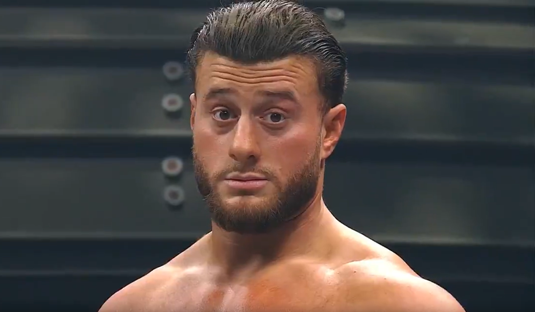 <p>Maxwell Jacob Friedman reacts to the Las Vegas crowd loudly chanting 'F*** ICE' just ahead of his AEW bout with Brody King.</p>