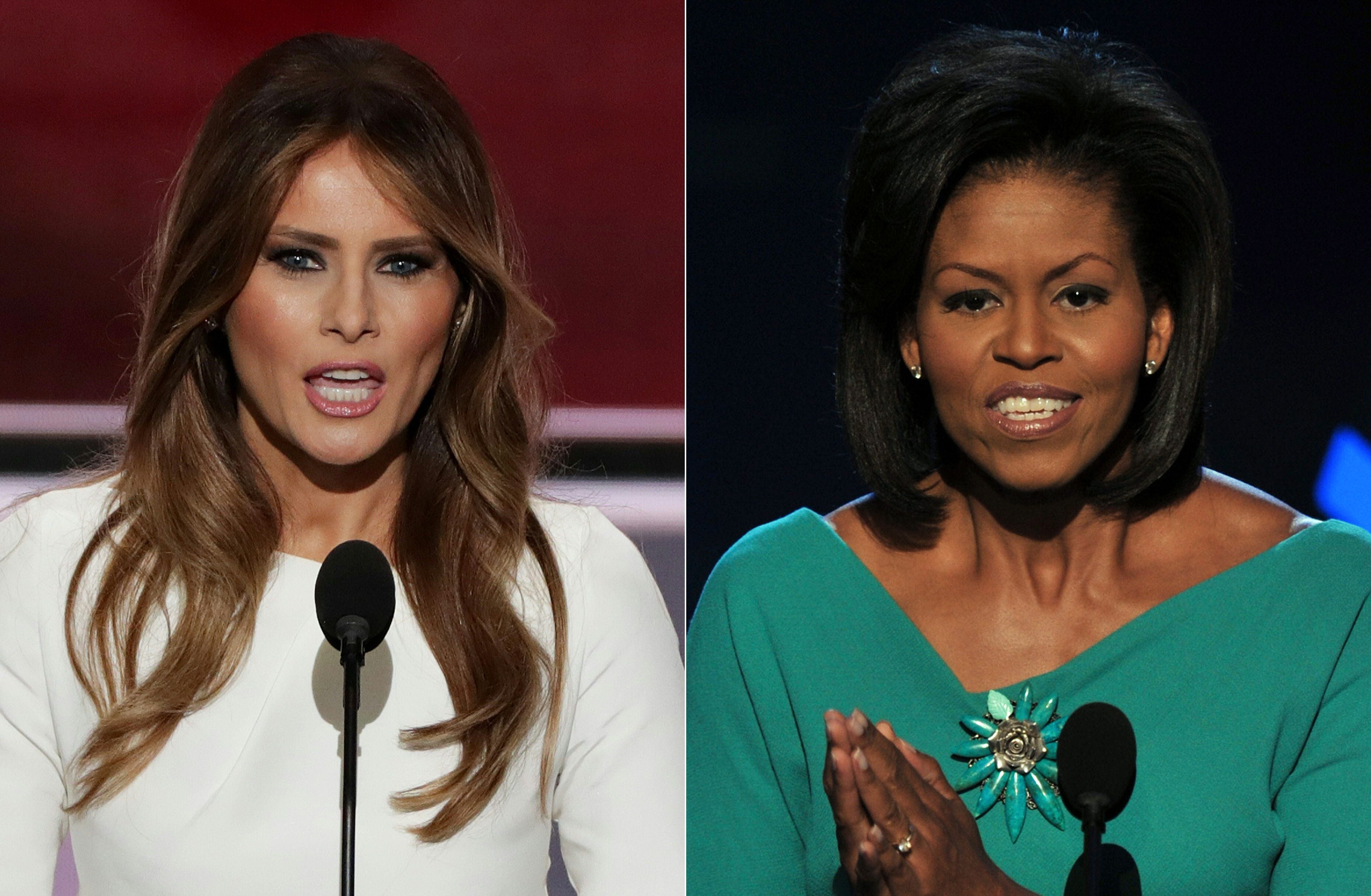 This combination of file pictures created on July 19, 2016 shows Melania Trump (L), wife of presumptive Republican presidential candidate Donald Trump, addressing delegates on the first day of the Republican National Convention on July 18, 2016 at Quicken Loans Arena in Cleveland, Ohio, on July 18, 2016 and Michelle Obama