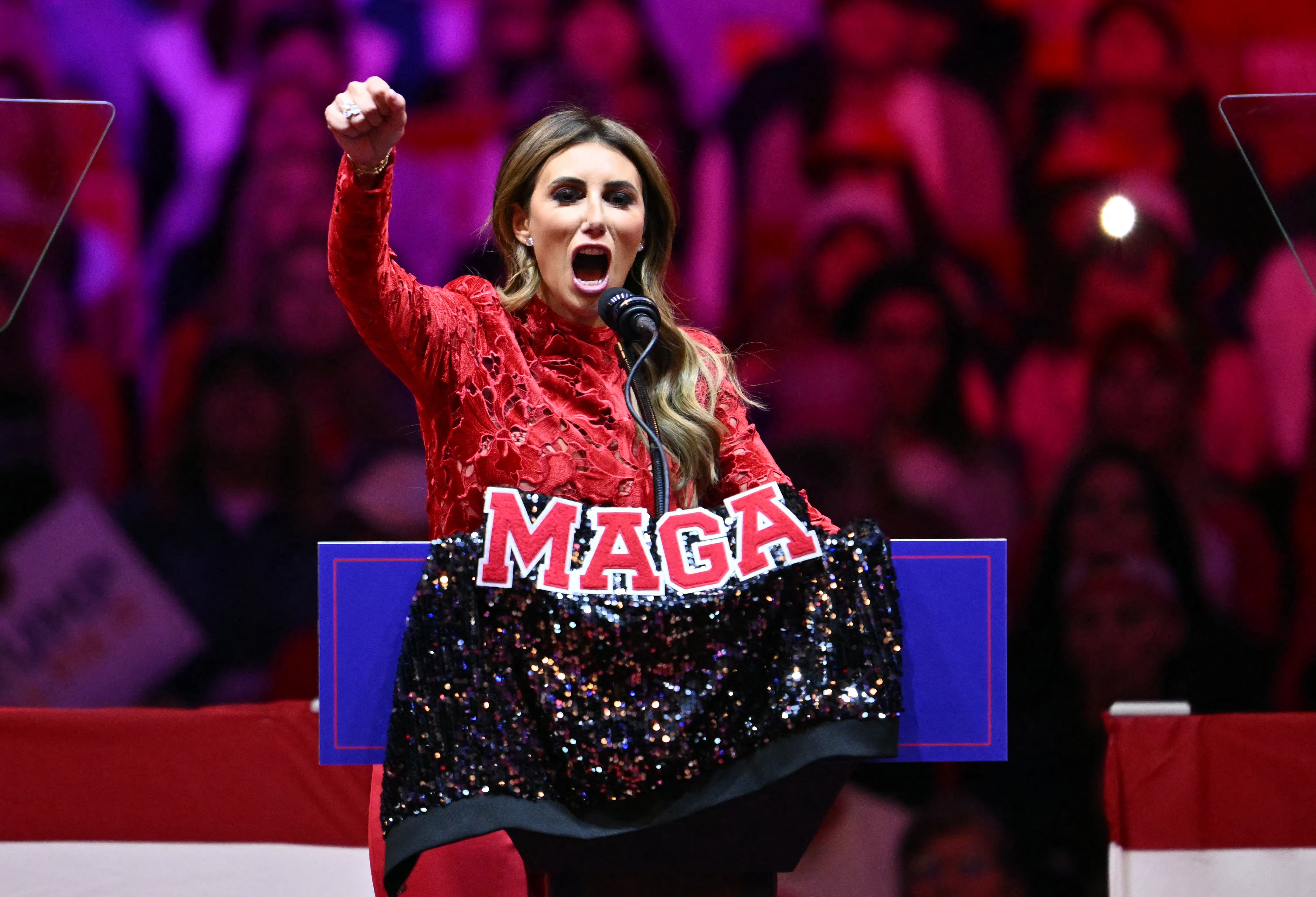 Trump DOJ official Alina Habba showed off a sequin bomber jacket during a rally in Madison Square Garden in October 2024