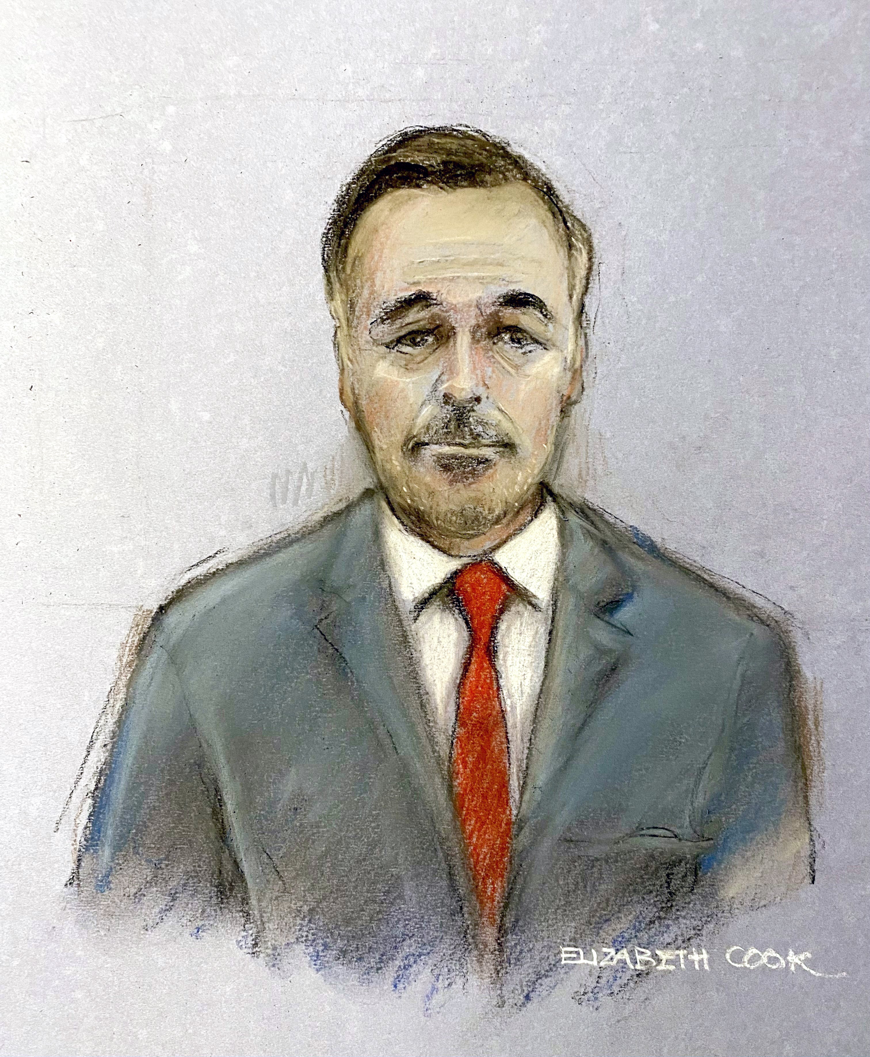 <p>Court artist sketch by Elizabeth Cook of David Furnish giving evidence via weblink at the Royal Courts of Justice </p>