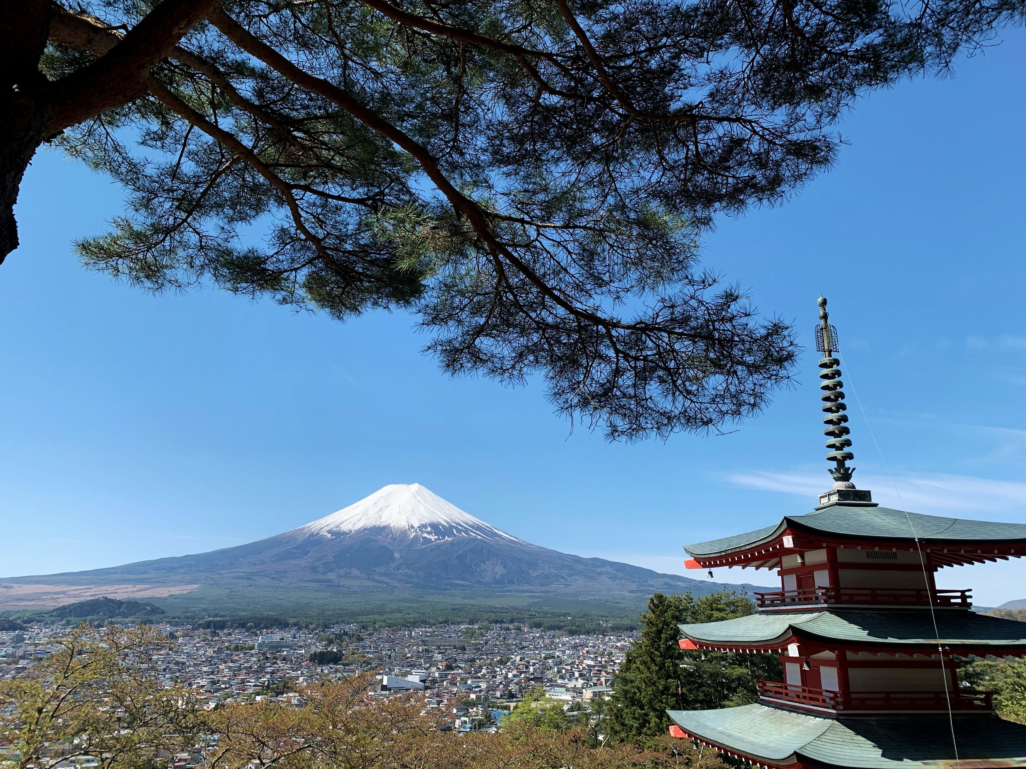 Mount Fuji is seen from the Arakura Fuji Sengen Shrine in Fujiyoshida city, Yamanashi prefecture, on 22 April 2021