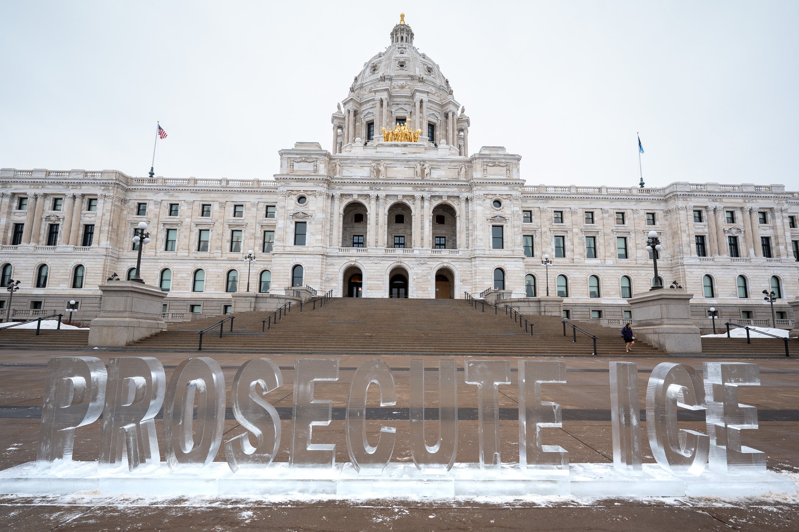 The "PROSECUTE ICE" sculpture was installed at the Minnesota State Capitol by a veterans group on Thursday, January 5.