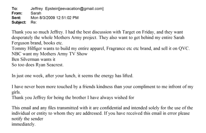 In an email, Sarah Ferguson calls Epstein ‘the brother I have always wished for’