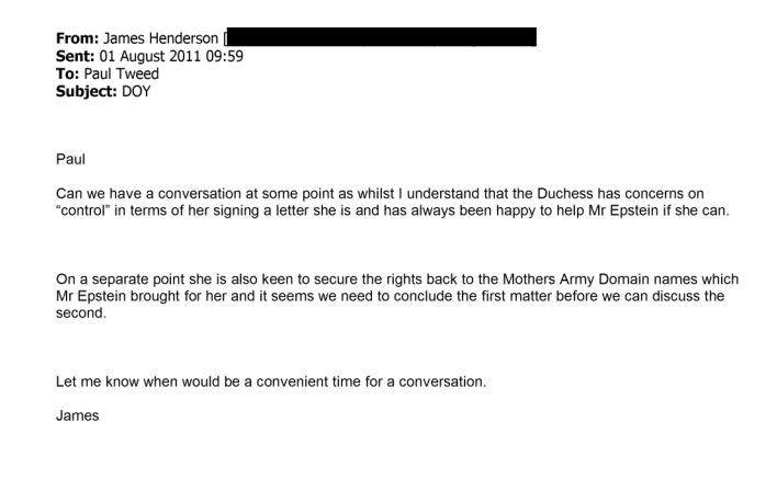 An email sent by a reputation management firm to a lawyer representing Epstein in August 2011, reveals Ms Ferguson wanted to secure the rights back to the Mothers Army domain names which Epstein brought for her