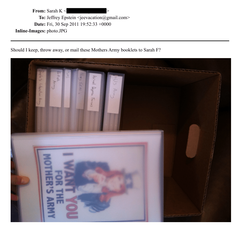 By the end of September, emails suggest Epstein was no longer part of the project and an email of a picture of material made for the charity was sent to Epstein asking if he wanted to keep them or ‘throw away’