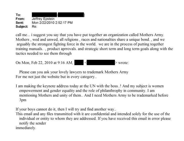 In February 2010, Ms Ferguson asked Epstein to ask his ‘lovely lawyers’ to trademark Mothers Army