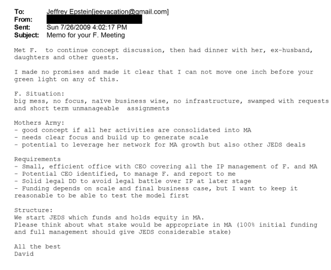 An email under the heading ‘Mothers Army’ revealed how Epstein hoped to profit