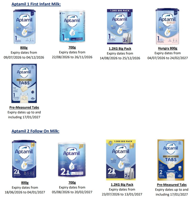 Danone is recalling several Aptamil and Cow & Gate First Infant Milk and Follow-on Milk formula products