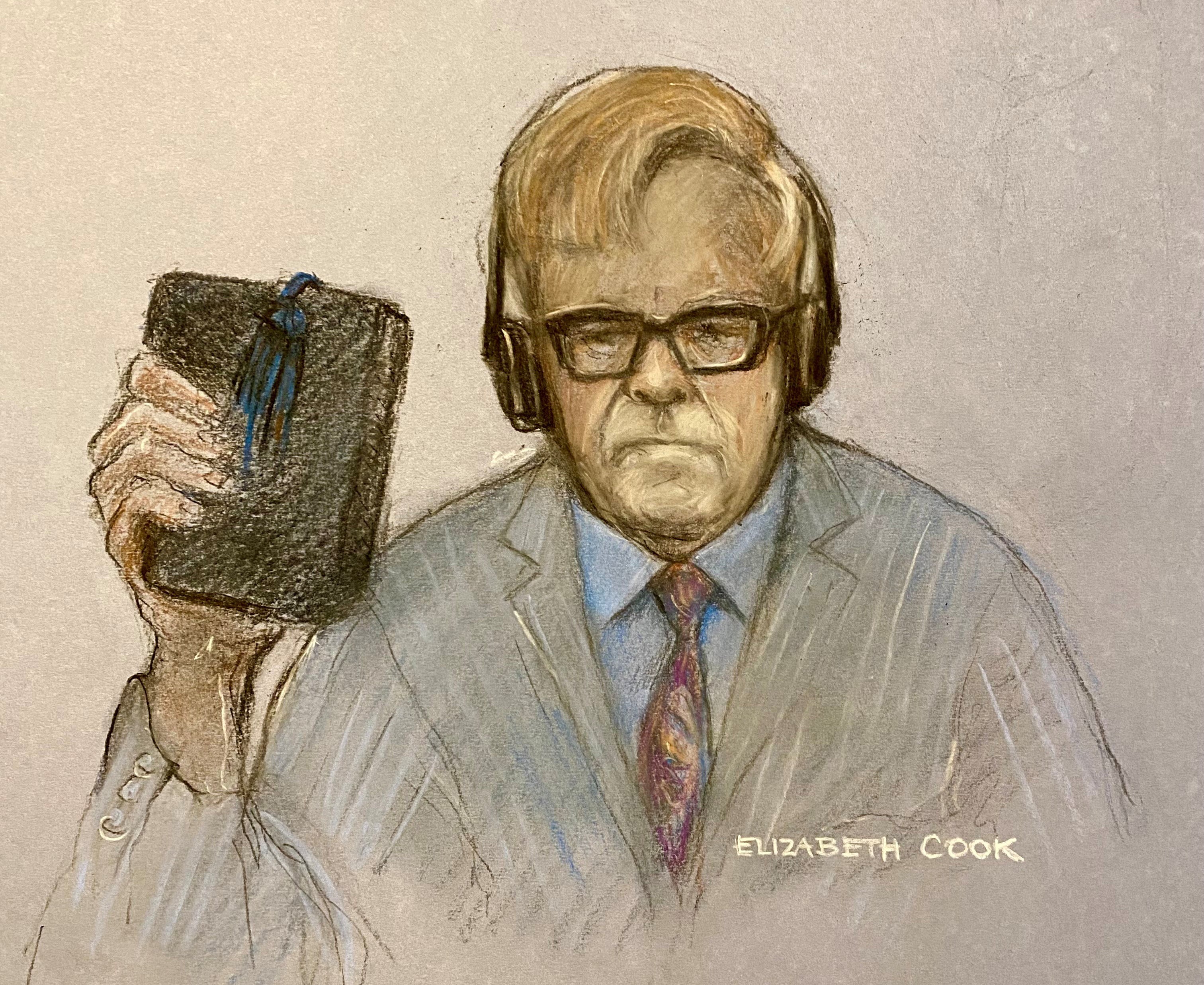 Court artist sketch of Elton John giving evidence at the Royal Courts of Justice in central London
