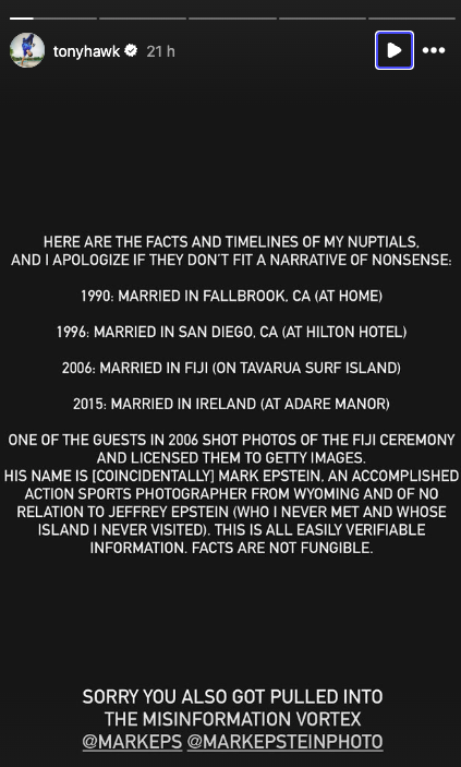 Hawk apologized to his 2006 wedding photographer, Mark Epstein, for also getting 'pulled into the misinformation vortex'