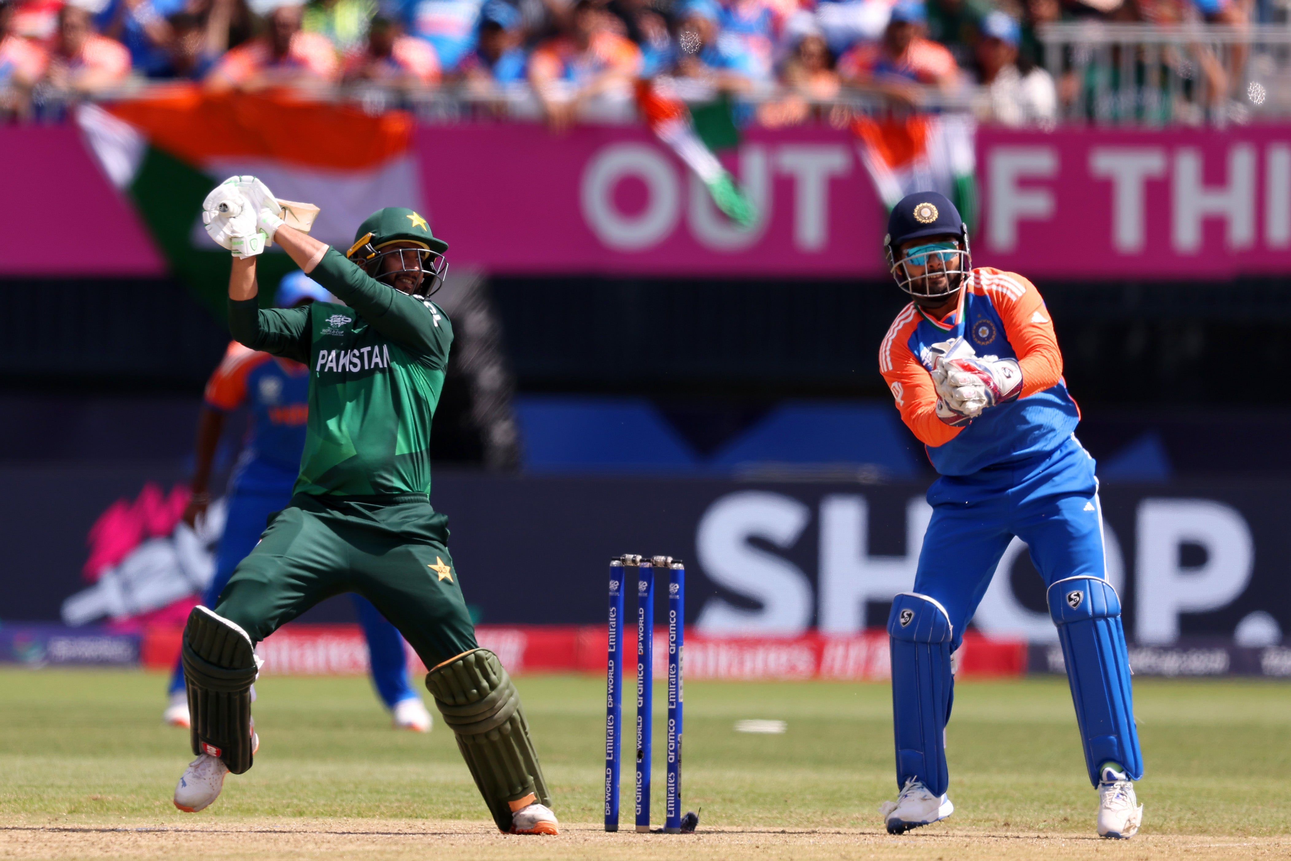 Imad Wasim of Pakistan bats during a Men's T20 Cricket World Cup match against India at the Nassau County International Cricket Stadium on 9 June 2024