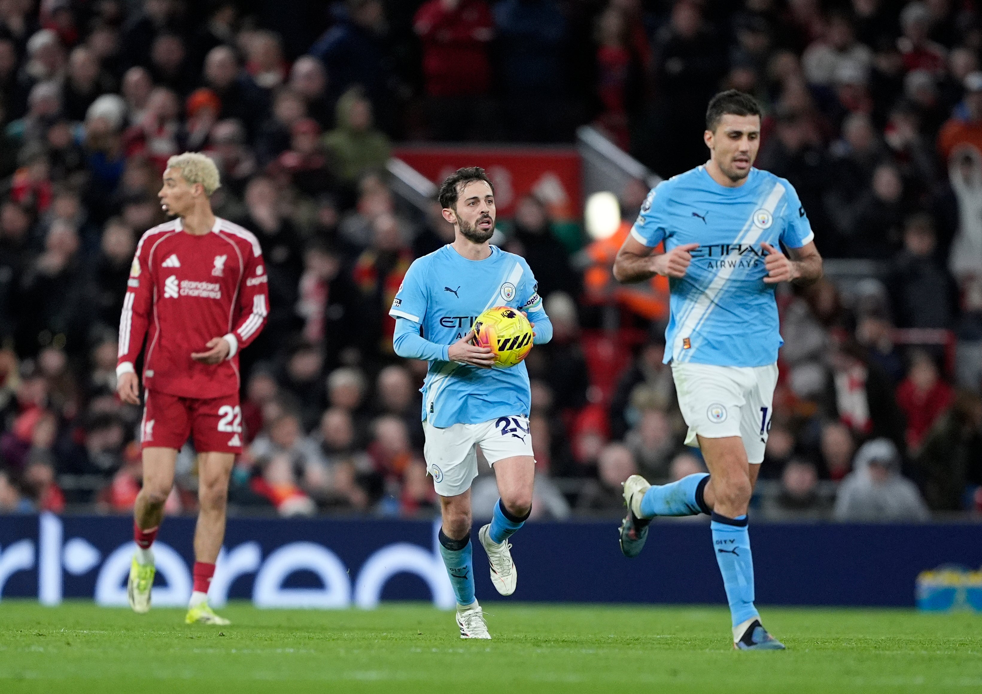 Bernardo Silva races back to the halfway line after scoring for City