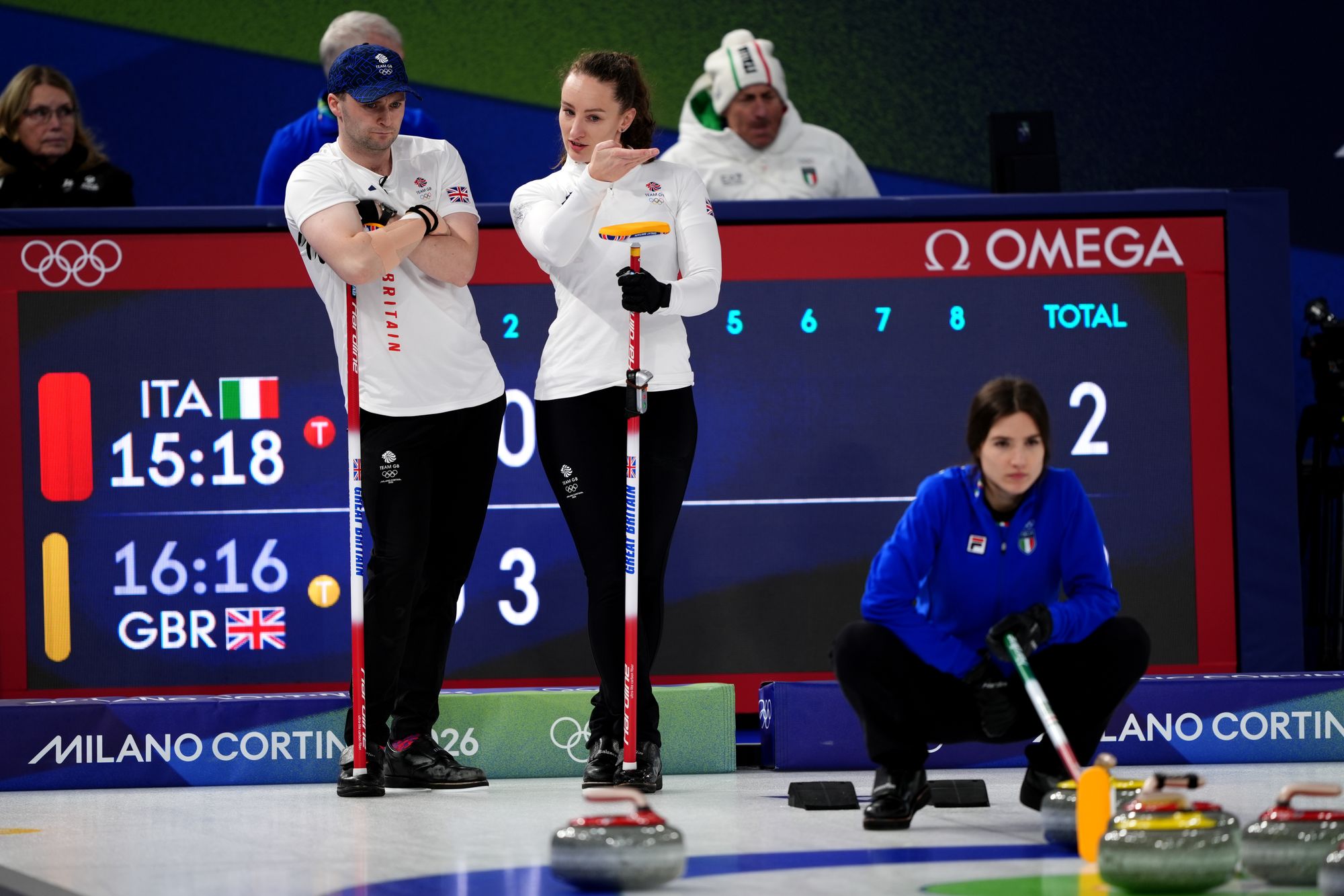 Britain's Jennifer Dodds and Bruce Mouat during the curling round robin match on day two