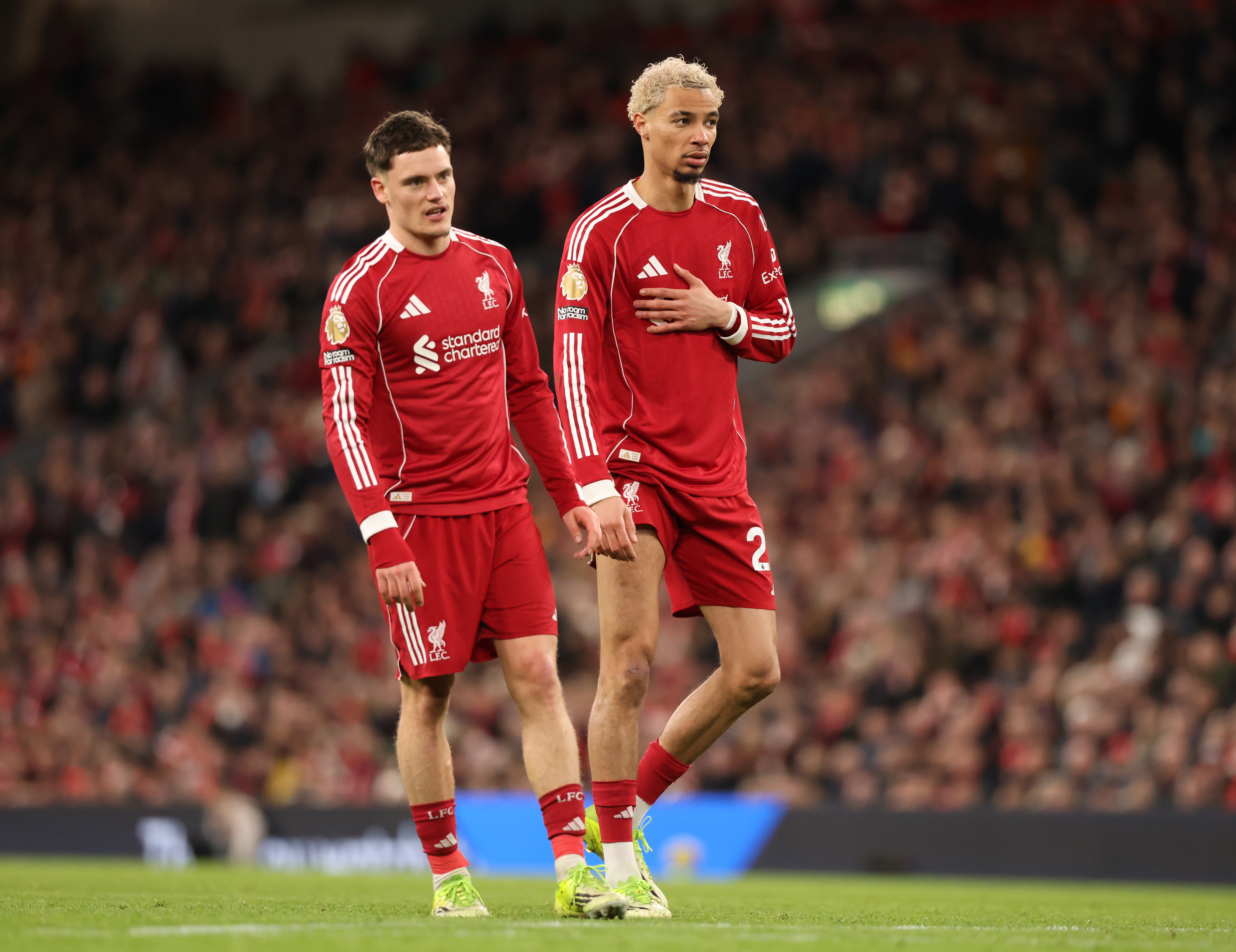 Florian Wirtz and Hugo Ekitike of Liverpool react after a late loss to Man City