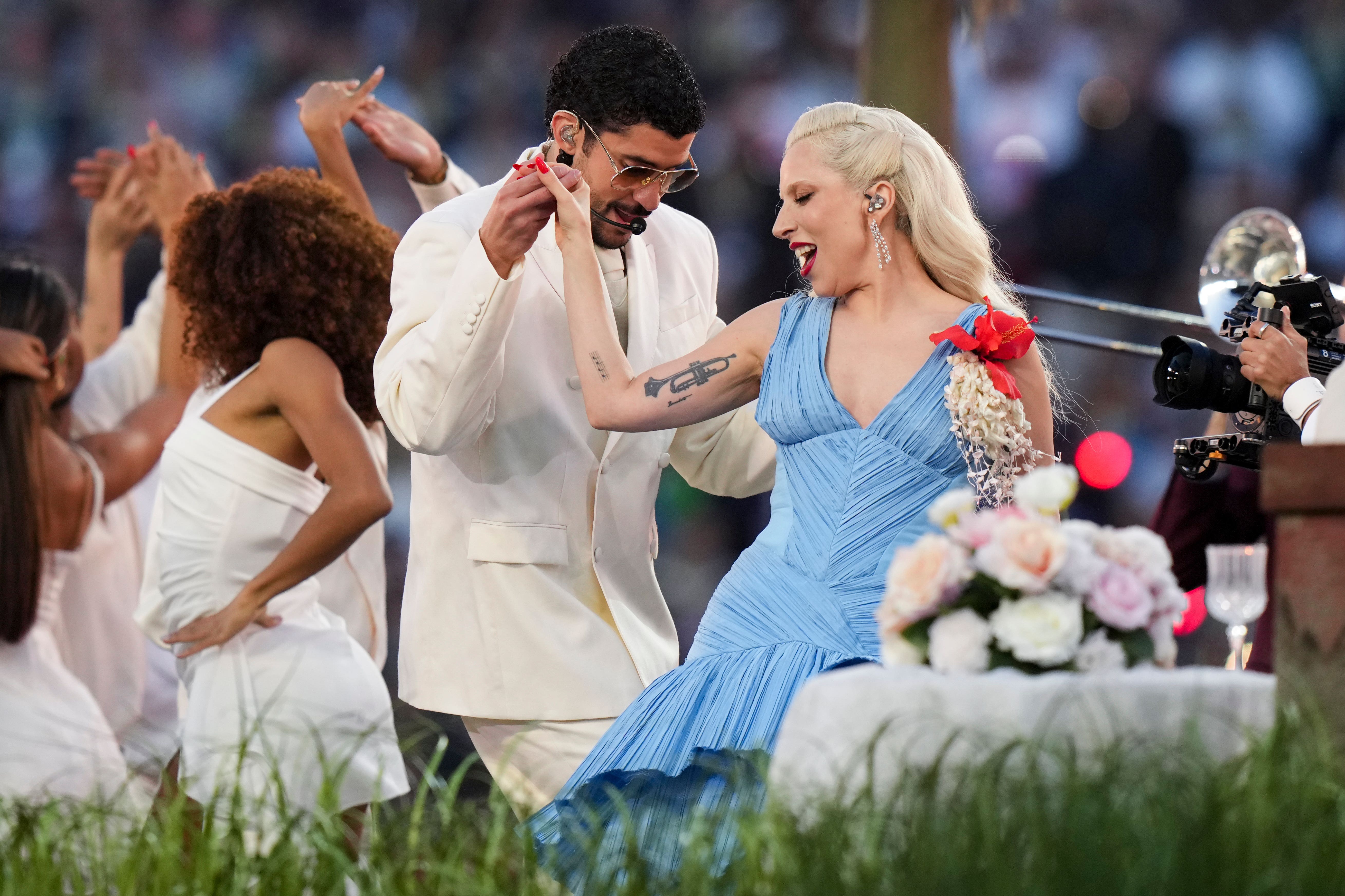 Bad Bunny and Lady Gaga perform during halftime of the NFL Super Bowl (Lynne Sladky/AP)