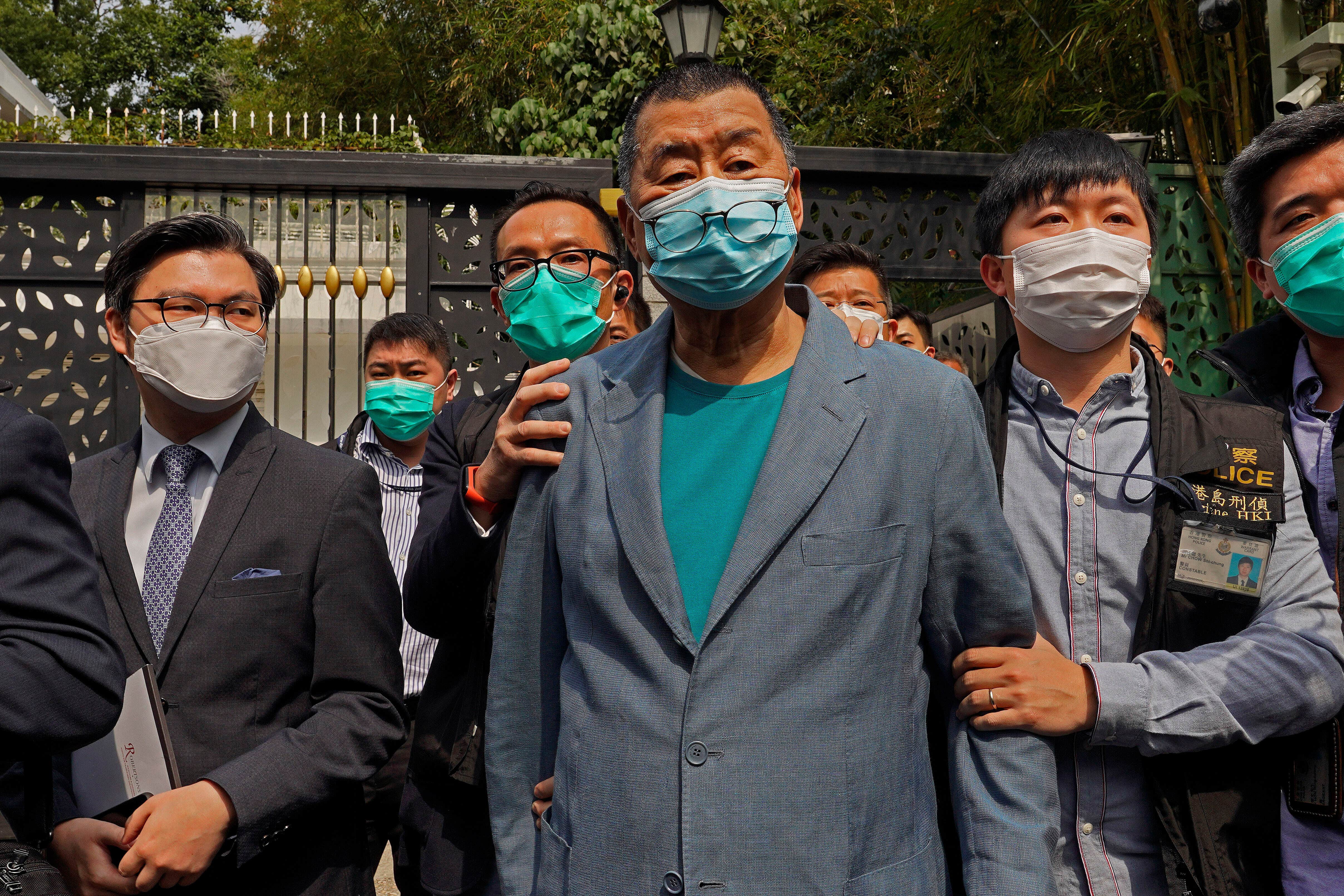 Jimmy Lai, centre, in April 2020 (AP/Vincent Yu, File)